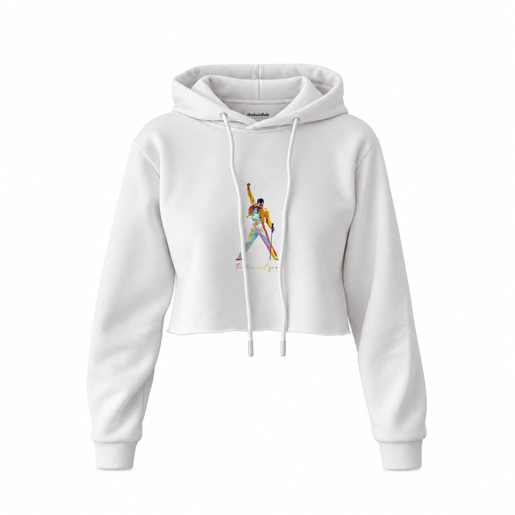 Freddie Mercury Crop Hoodie — Beyaz — Ön baskı
