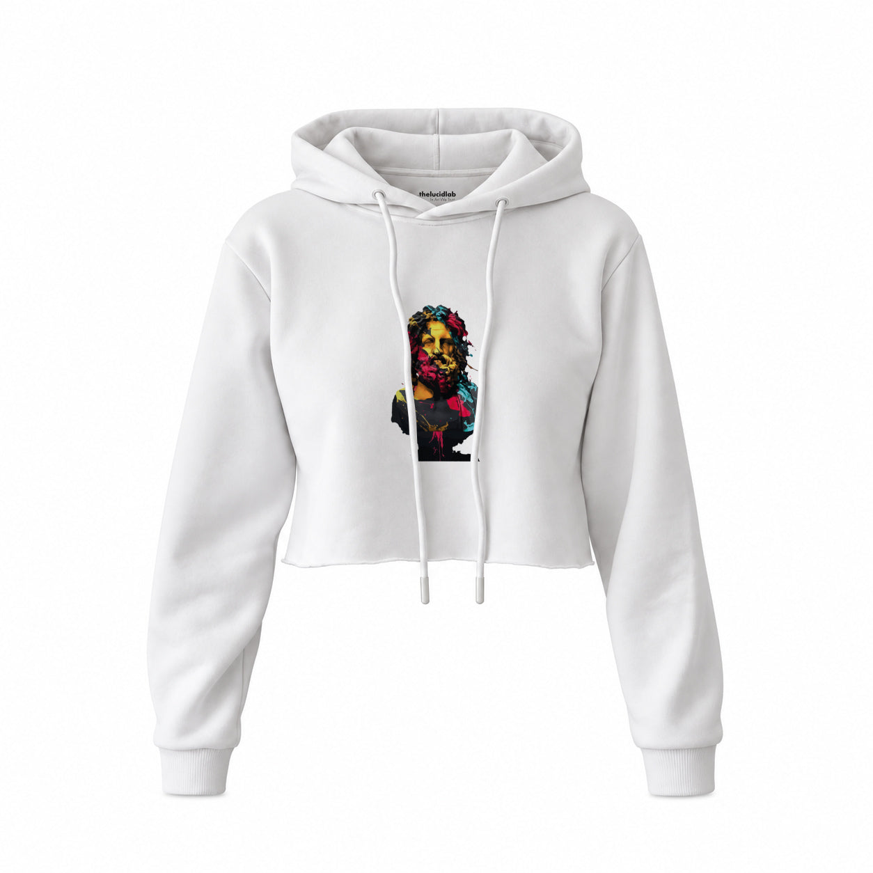 Zeus Crop Hoodie — Beyaz — Ön baskı