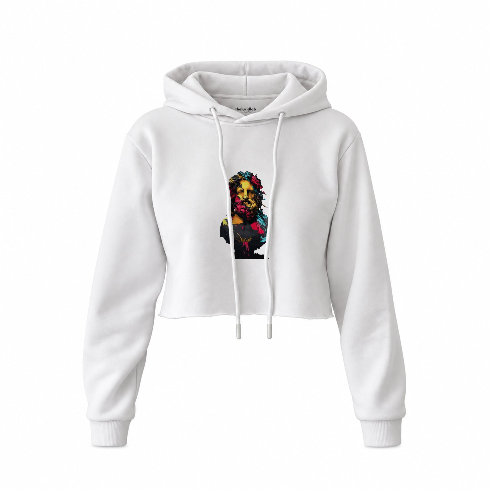 Zeus Crop Hoodie — Beyaz — Ön baskı