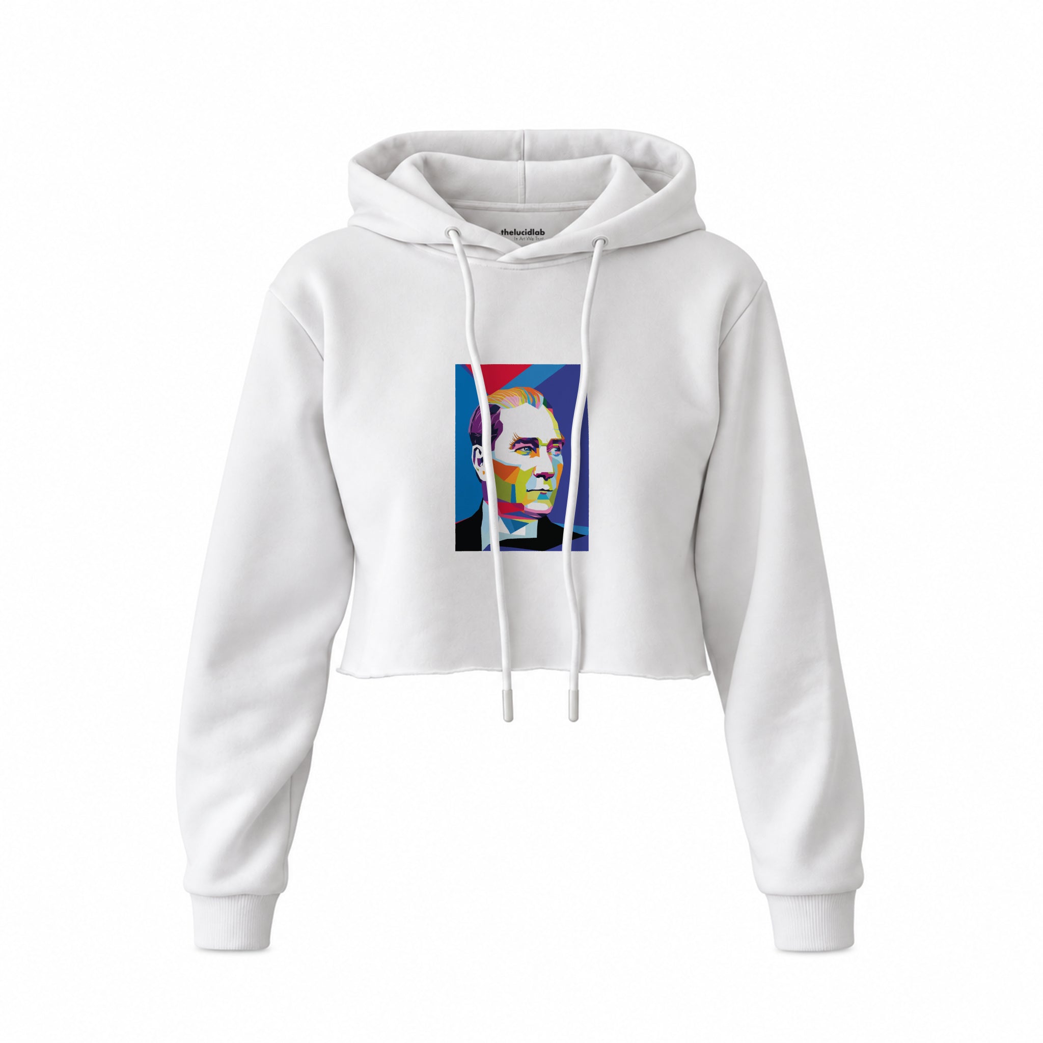 Atatürk Pop Art Crop Hoodie — Beyaz — Ön baskı