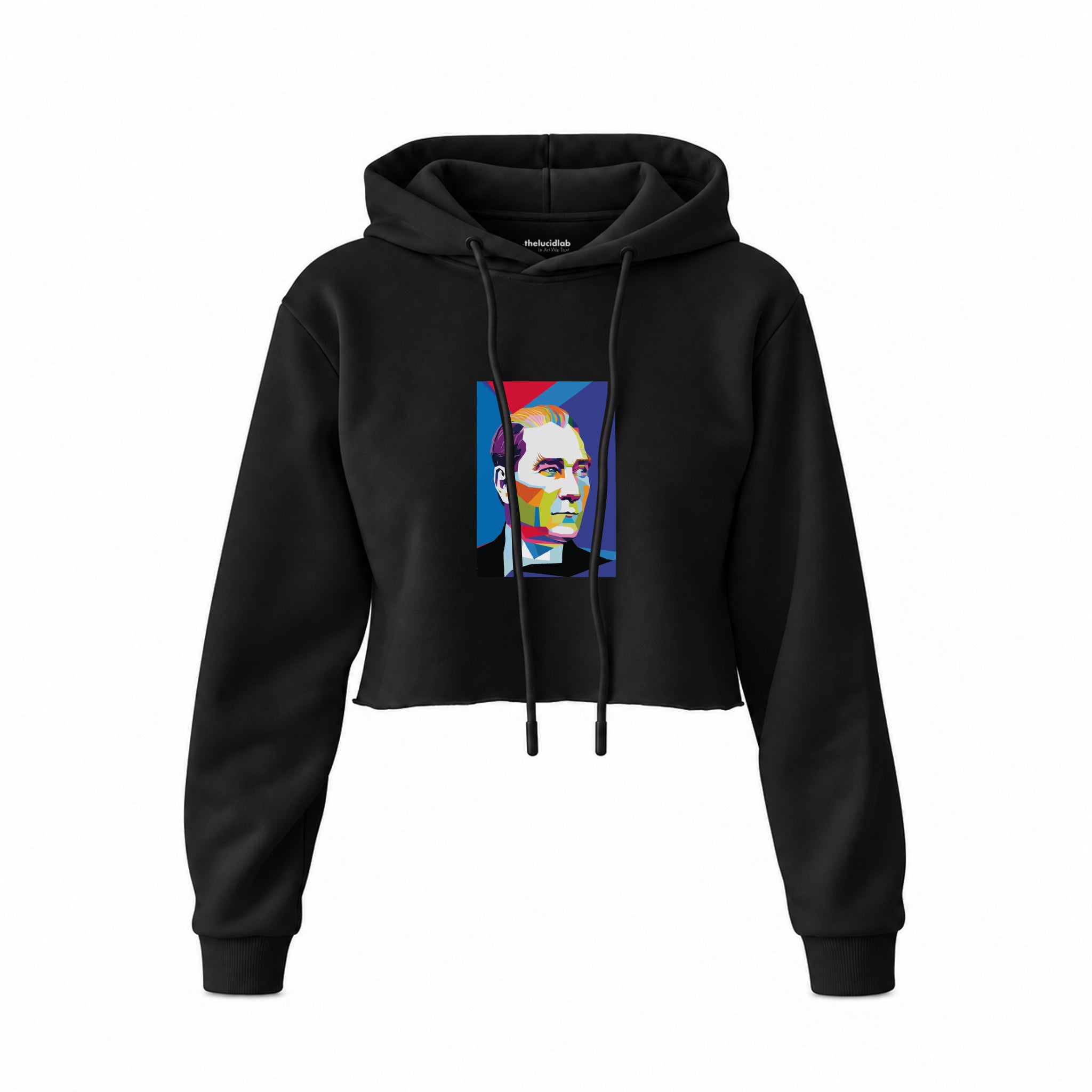 Atatürk Pop Art Crop Hoodie — Siyah — Ön baskı