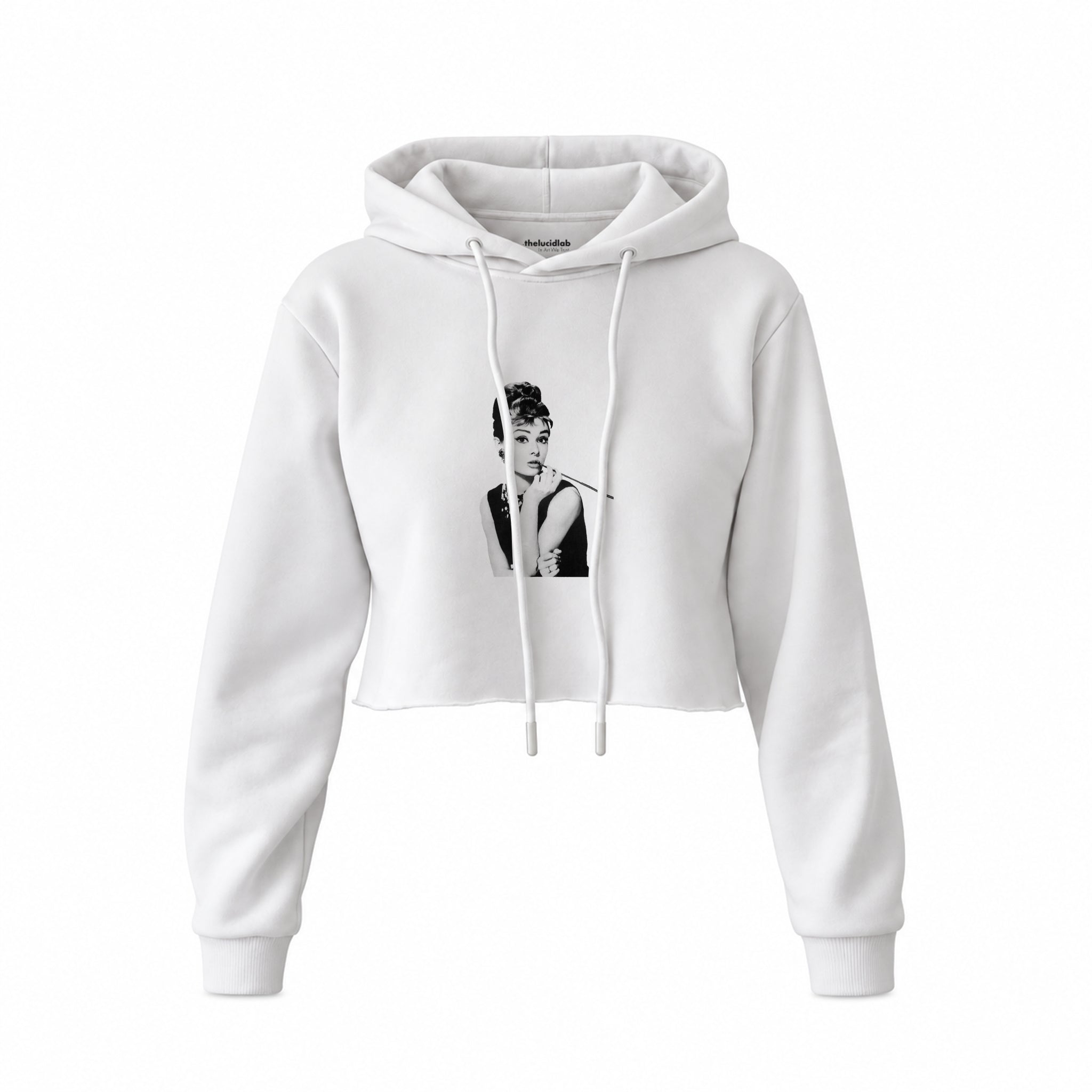 Audrey Hepburn Crop Hoodie — Beyaz — Ön baskı