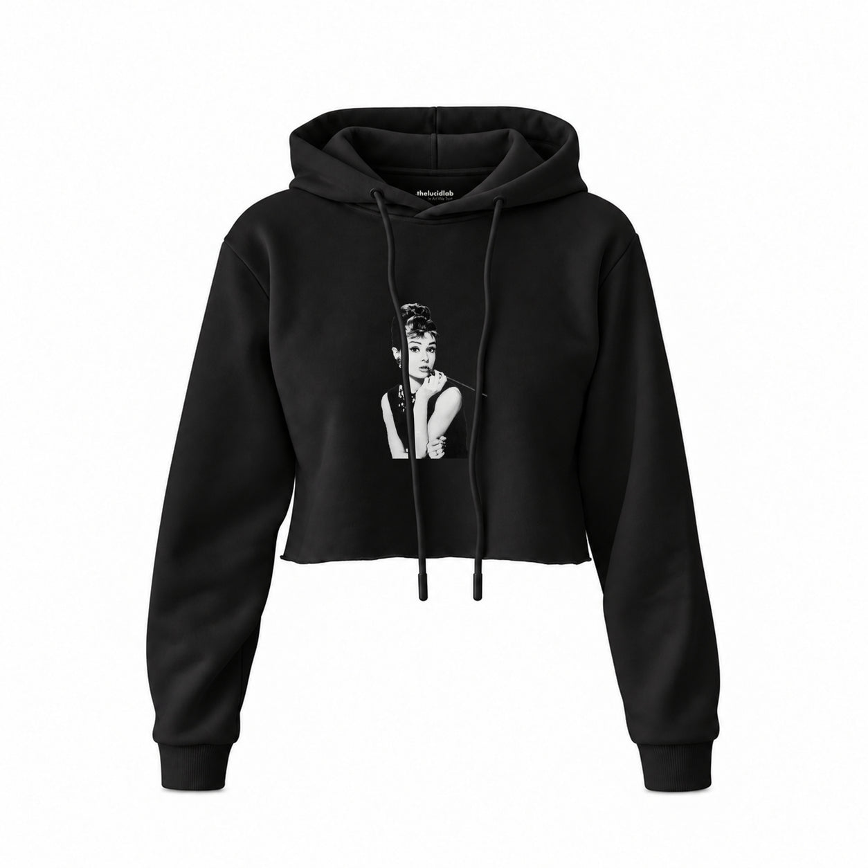 Audrey Hepburn Crop Hoodie — Siyah — Ön baskı