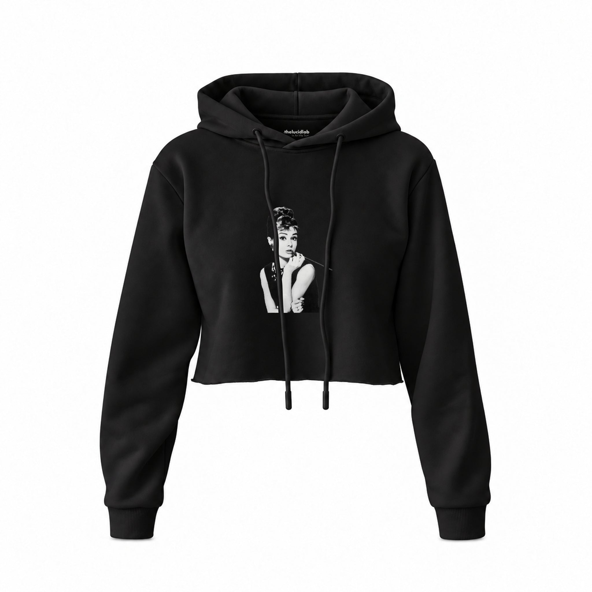 Audrey Hepburn Crop Hoodie — Siyah — Ön baskı