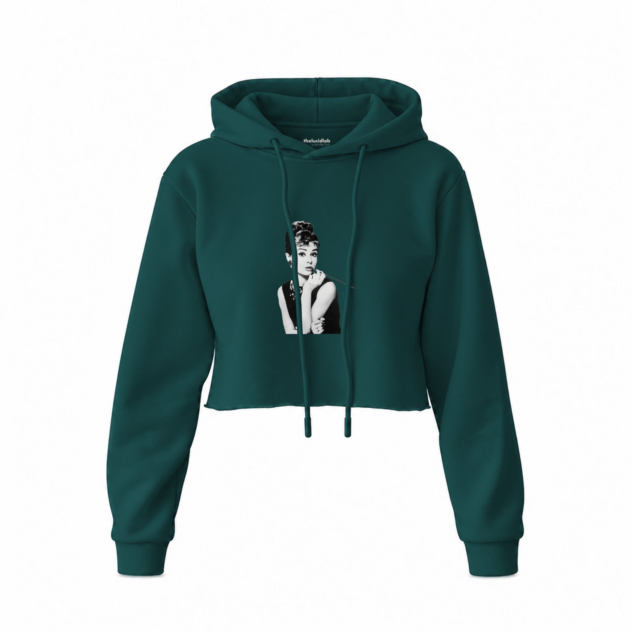 Audrey Hepburn Crop Hoodie — Koyu Yeşil — Ön baskı