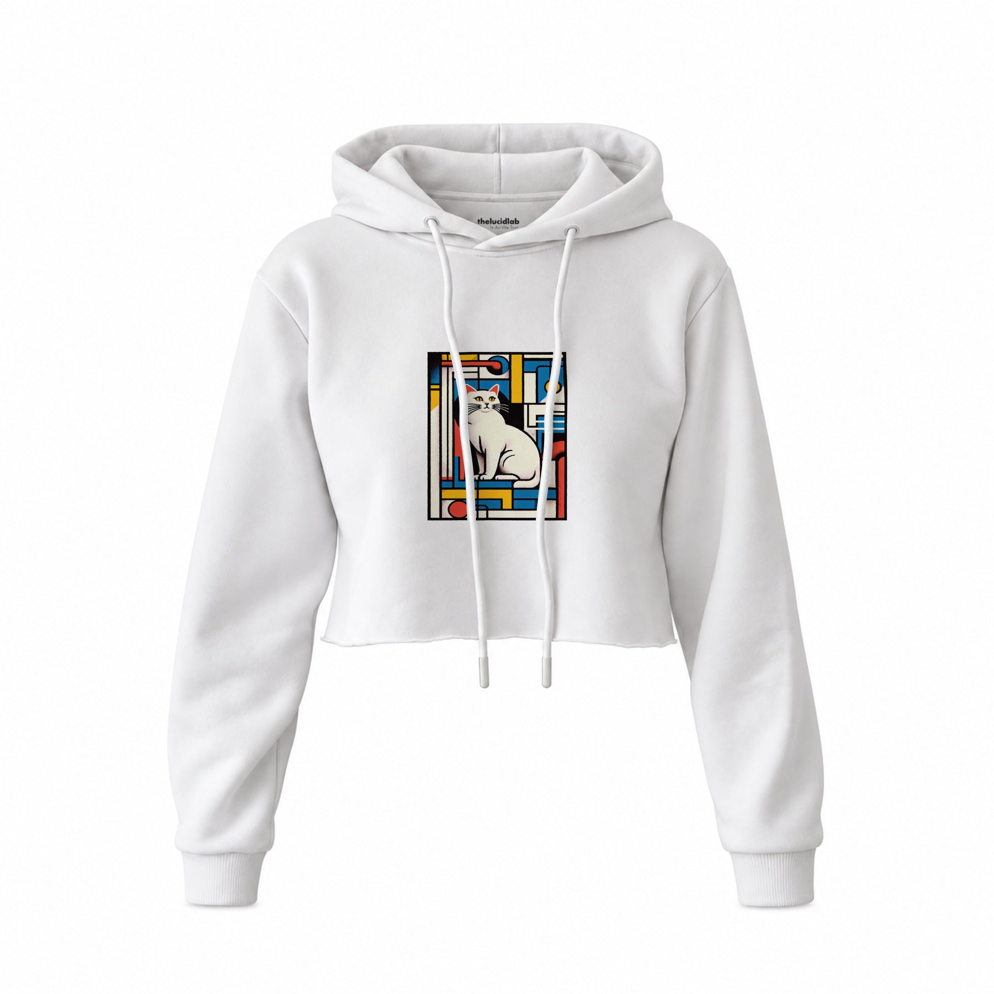 Bauhaus Cat Crop Hoodie — Beyaz — Ön baskı