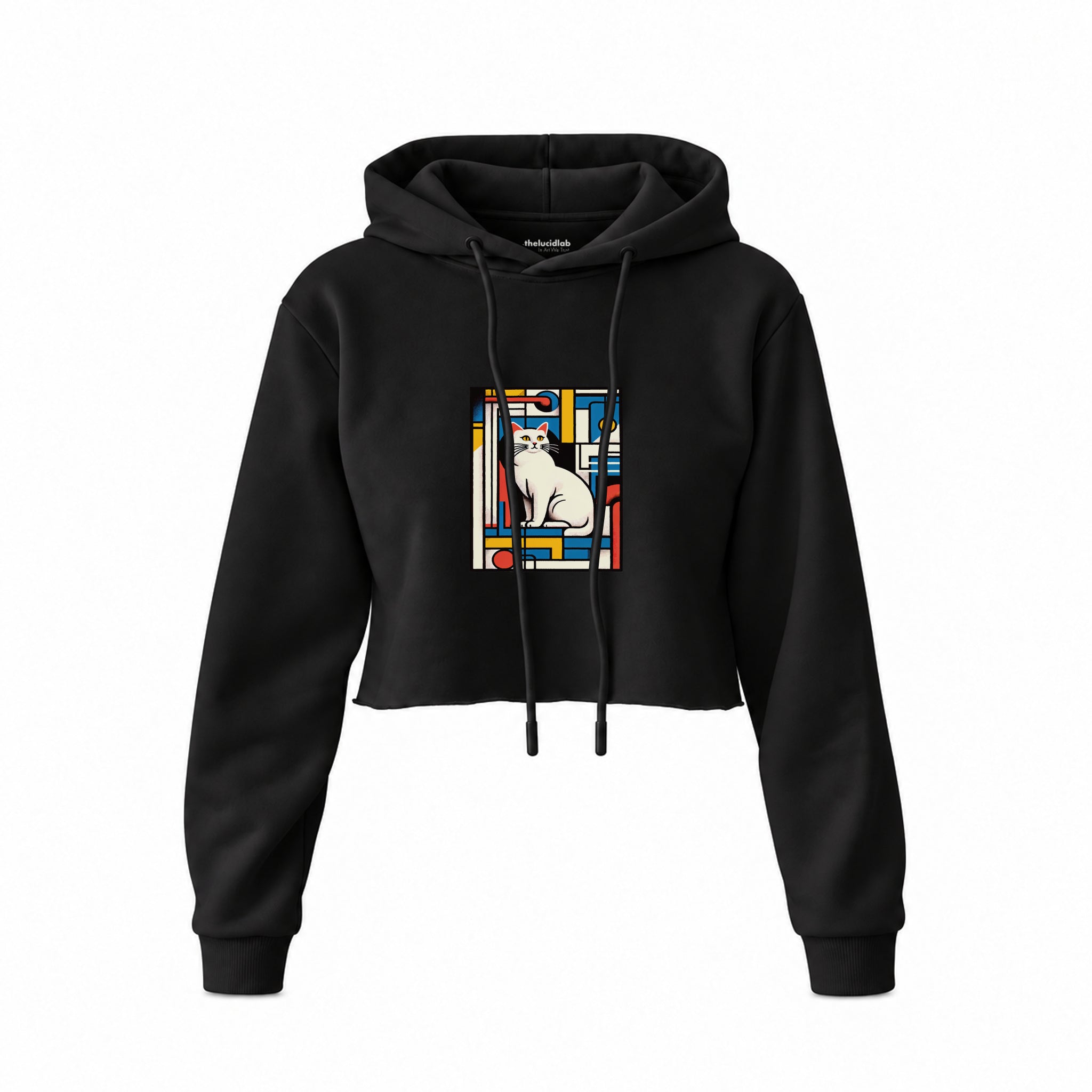 Bauhaus Cat Crop Hoodie — Siyah — Ön baskı