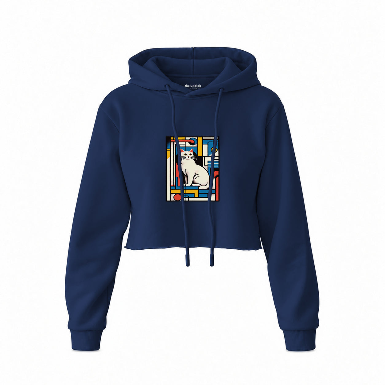 Bauhaus Cat Crop Hoodie — Lacivert — Ön baskı