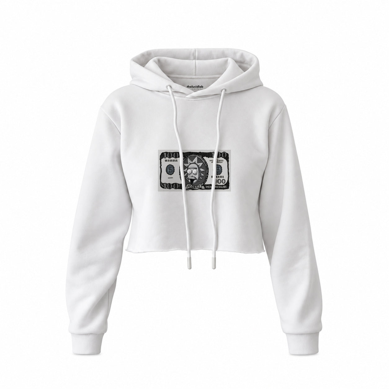Morty Dollar Crop Hoodie — Beyaz — Ön baskı