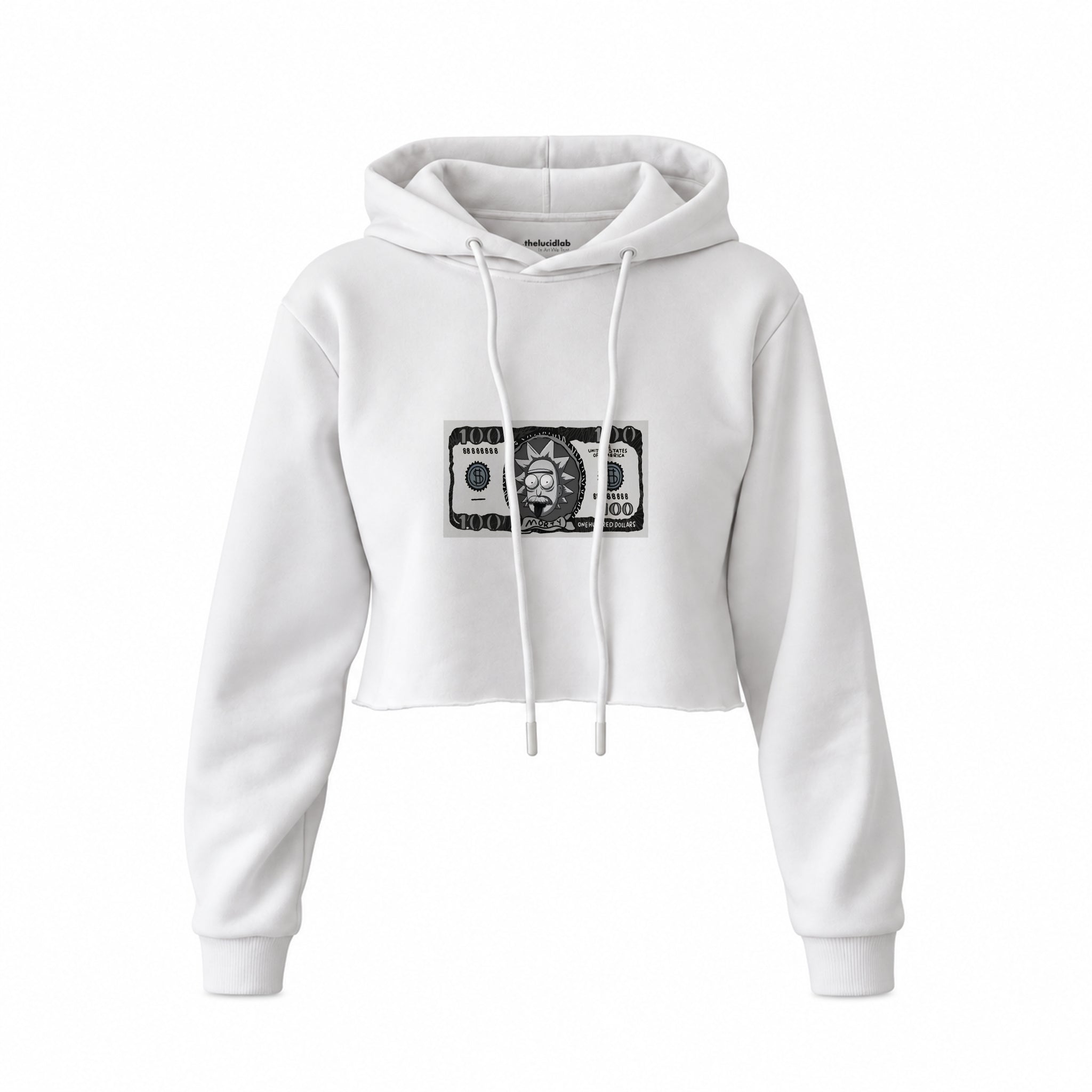 Morty Dollar Crop Hoodie — Beyaz — Ön baskı