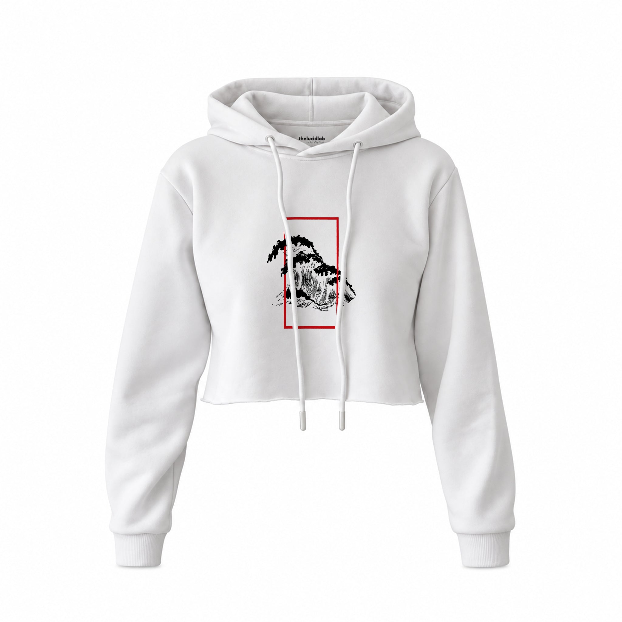 Perspektif Kanagawa Dalgası Crop Hoodie — Beyaz — Ön baskı