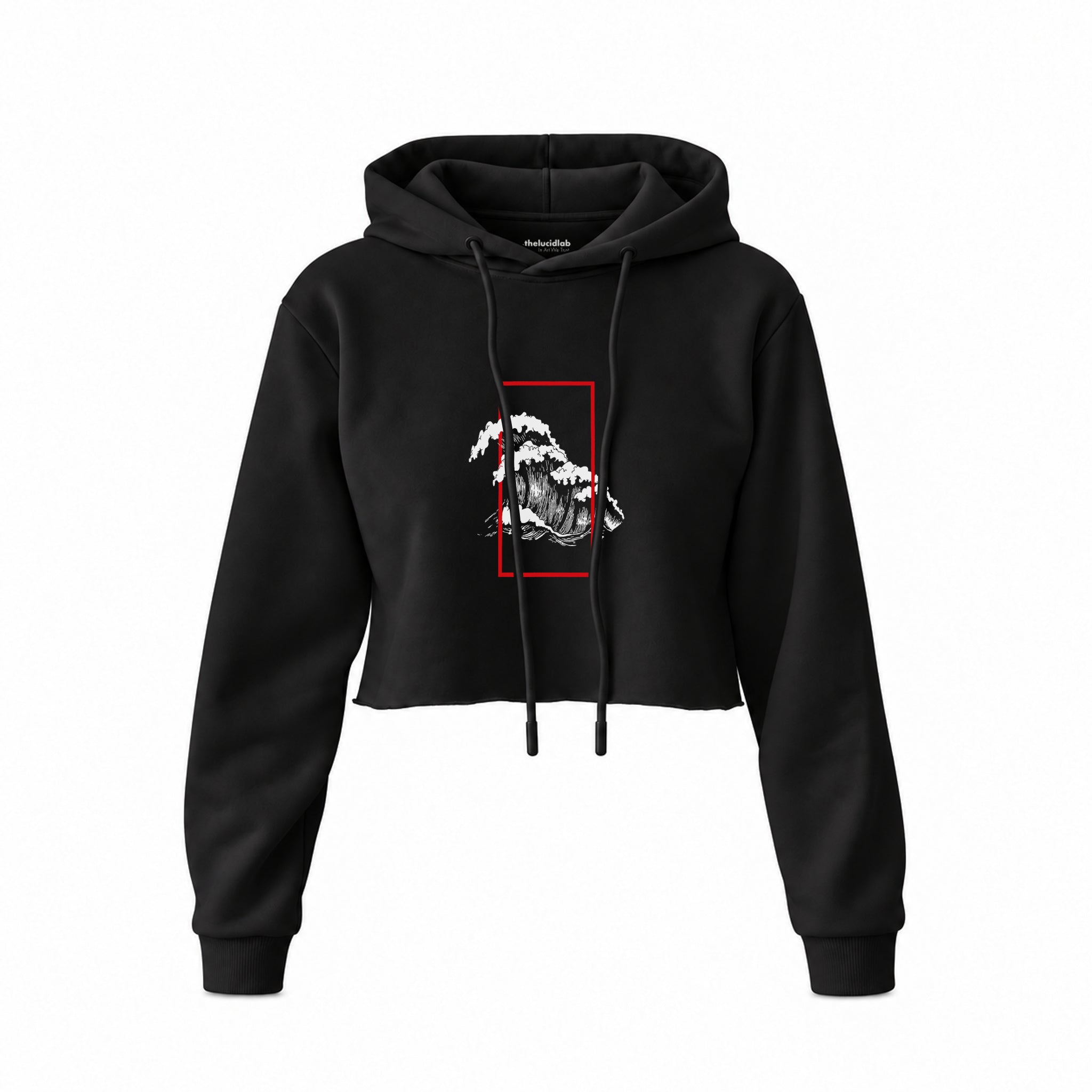 Perspektif Kanagawa Dalgası Crop Hoodie — Siyah — Ön baskı