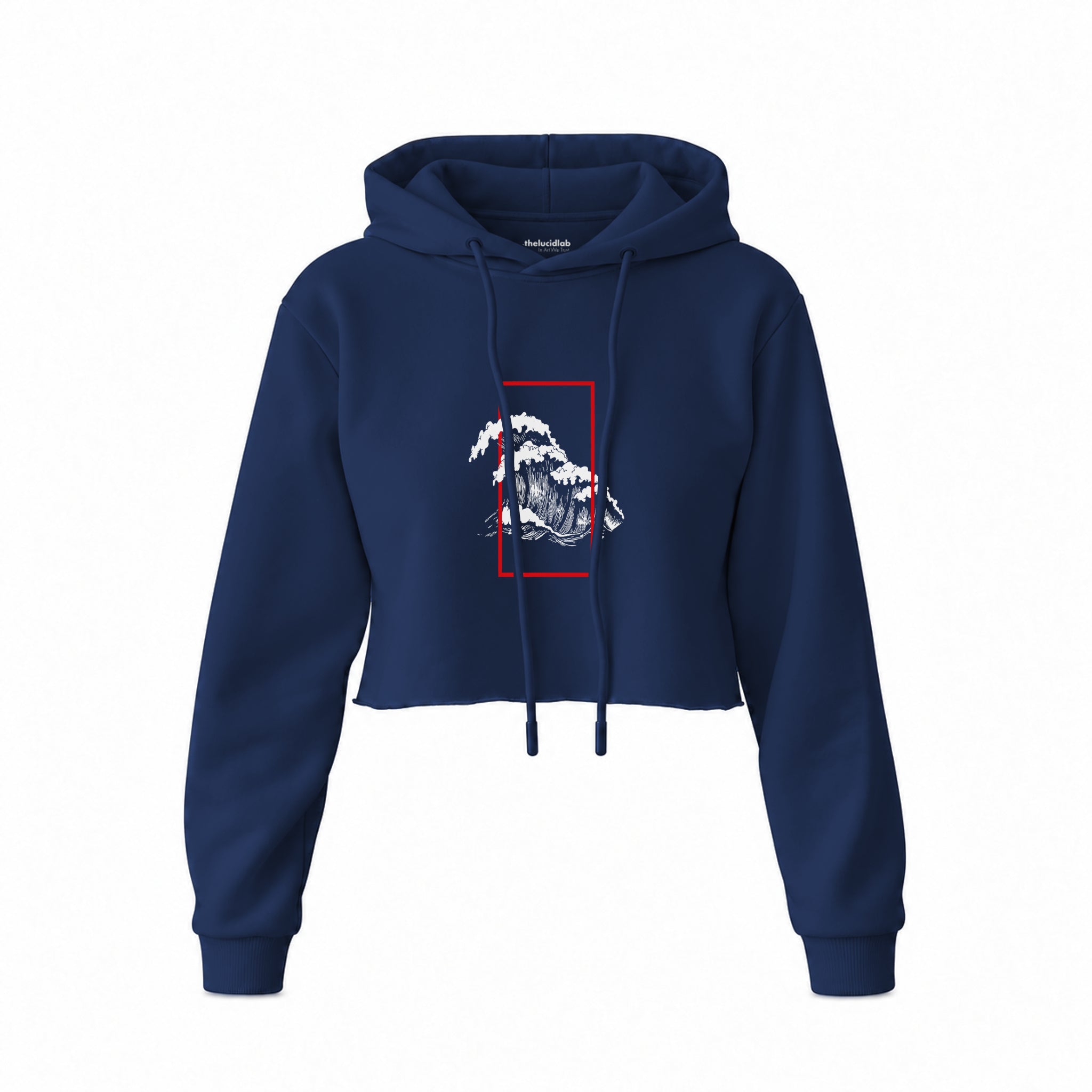 Perspektif Kanagawa Dalgası Crop Hoodie — Lacivert — Ön baskı