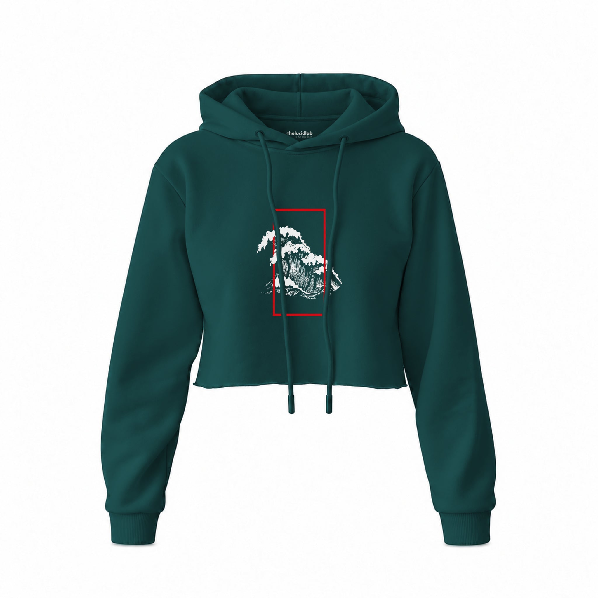 Perspektif Kanagawa Dalgası Crop Hoodie — Koyu Yeşil — Ön baskı