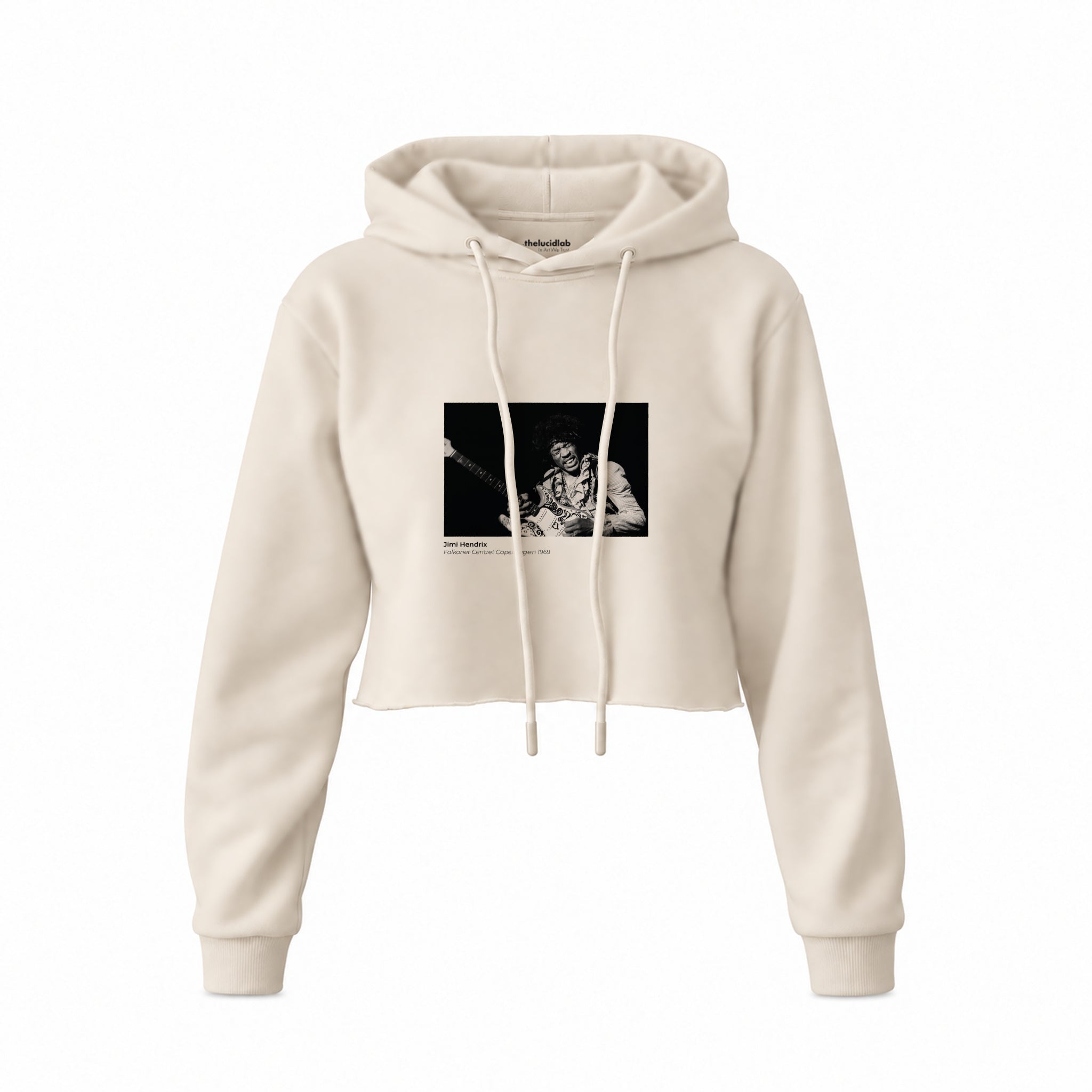 Jimi Hendrix Falkoner Centret Copenhagen 1969 Crop Hoodie — Krem — Ön baskı