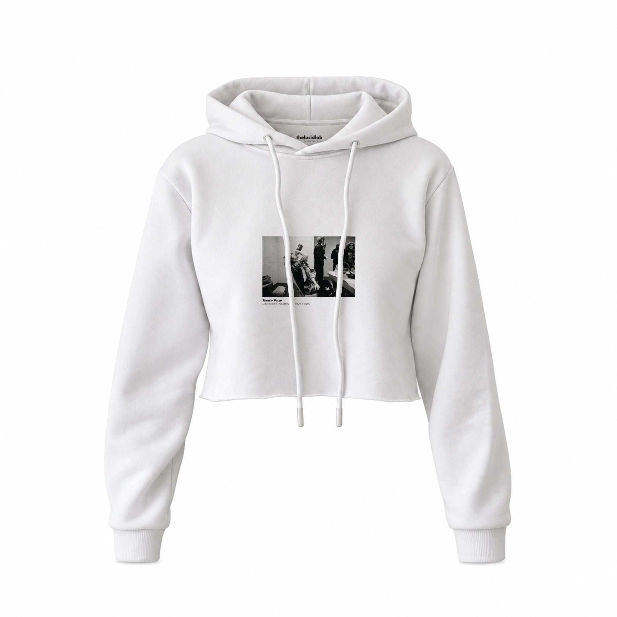 Jimmy Page Backstage Indianapolis 1975 Crop Hoodie — Beyaz — Ön baskı