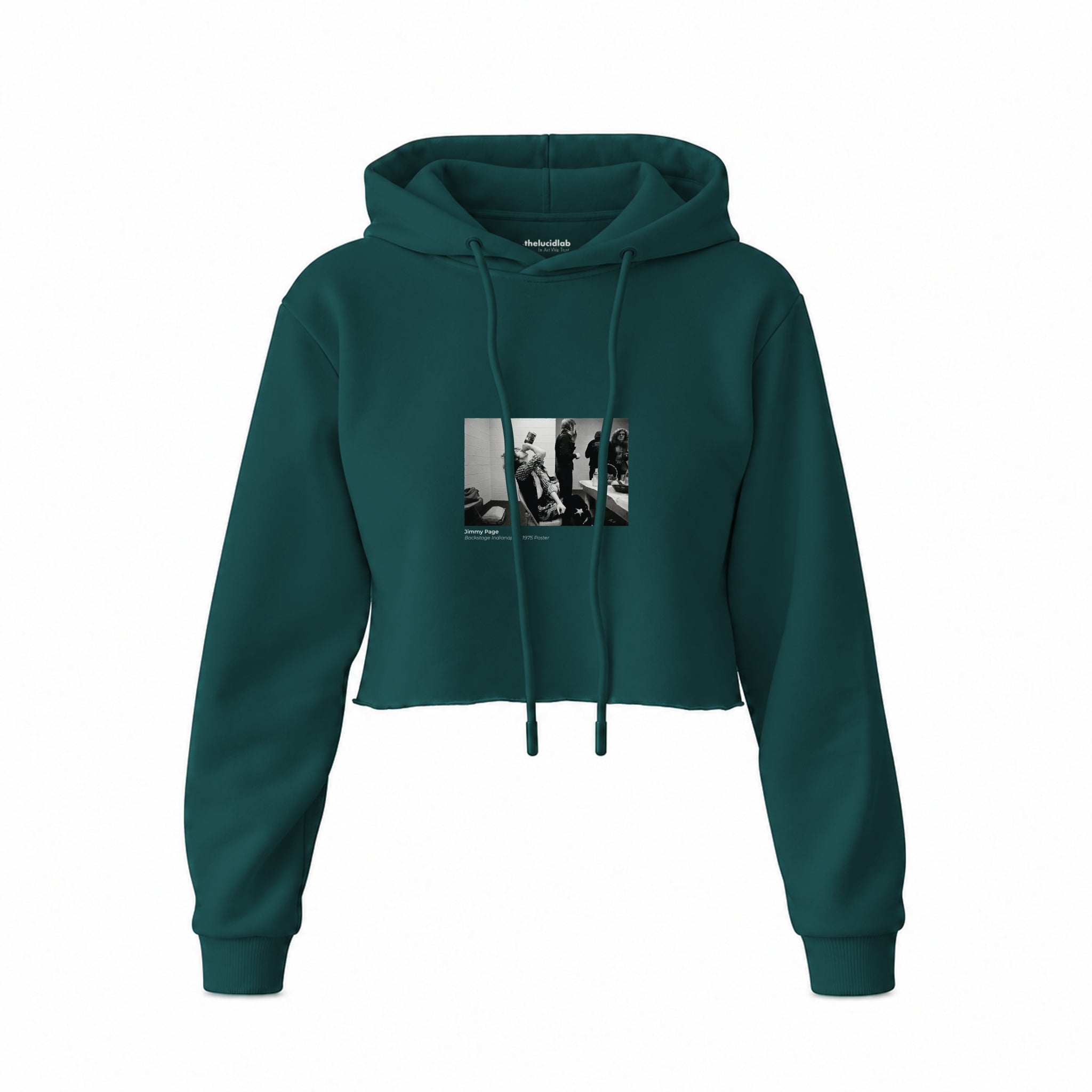 Jimmy Page Backstage Indianapolis 1975 Crop Hoodie — Koyu Yeşil — Ön baskı