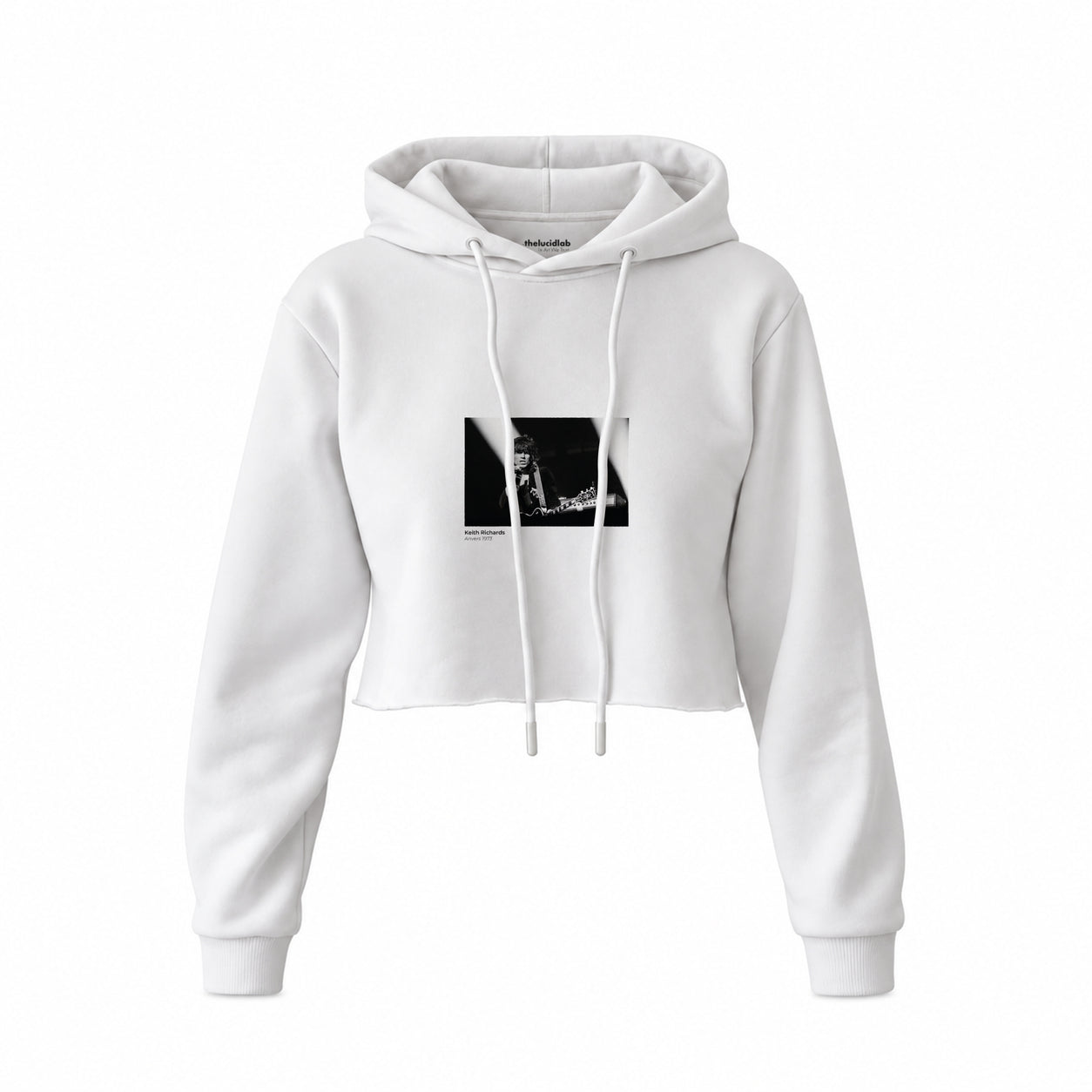 Keith Richards Anvers 1973 Crop Hoodie — Beyaz — Ön baskı