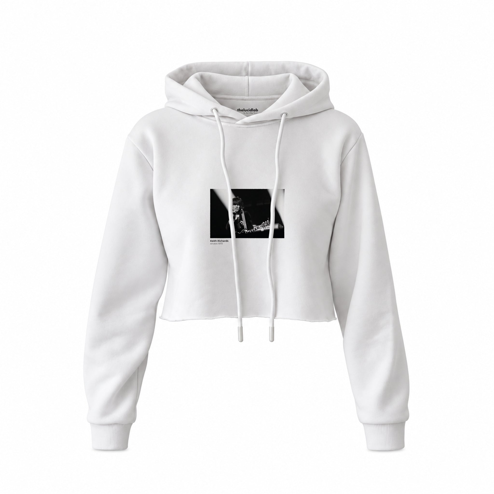 Keith Richards Anvers 1973 Crop Hoodie — Beyaz — Ön baskı