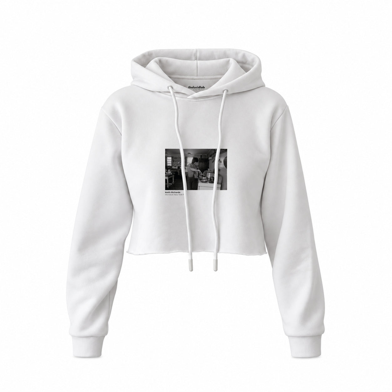 Keith Richards Montauk New York 1975 Crop Hoodie — Beyaz — Ön baskı