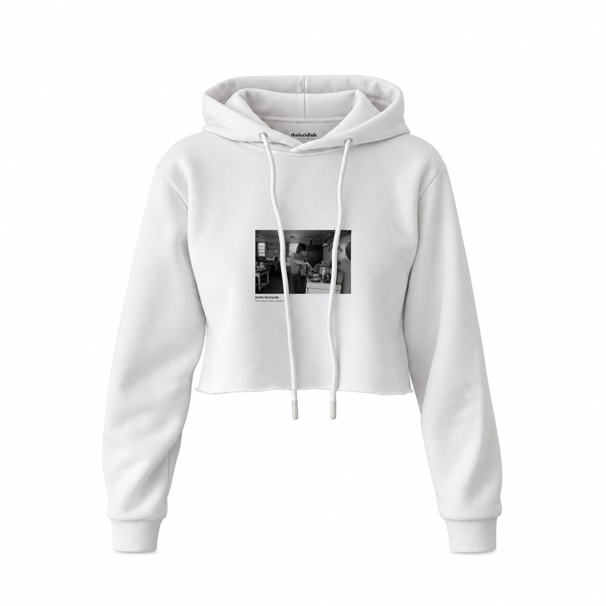 Keith Richards Montauk New York 1975 Crop Hoodie — Beyaz — Ön baskı