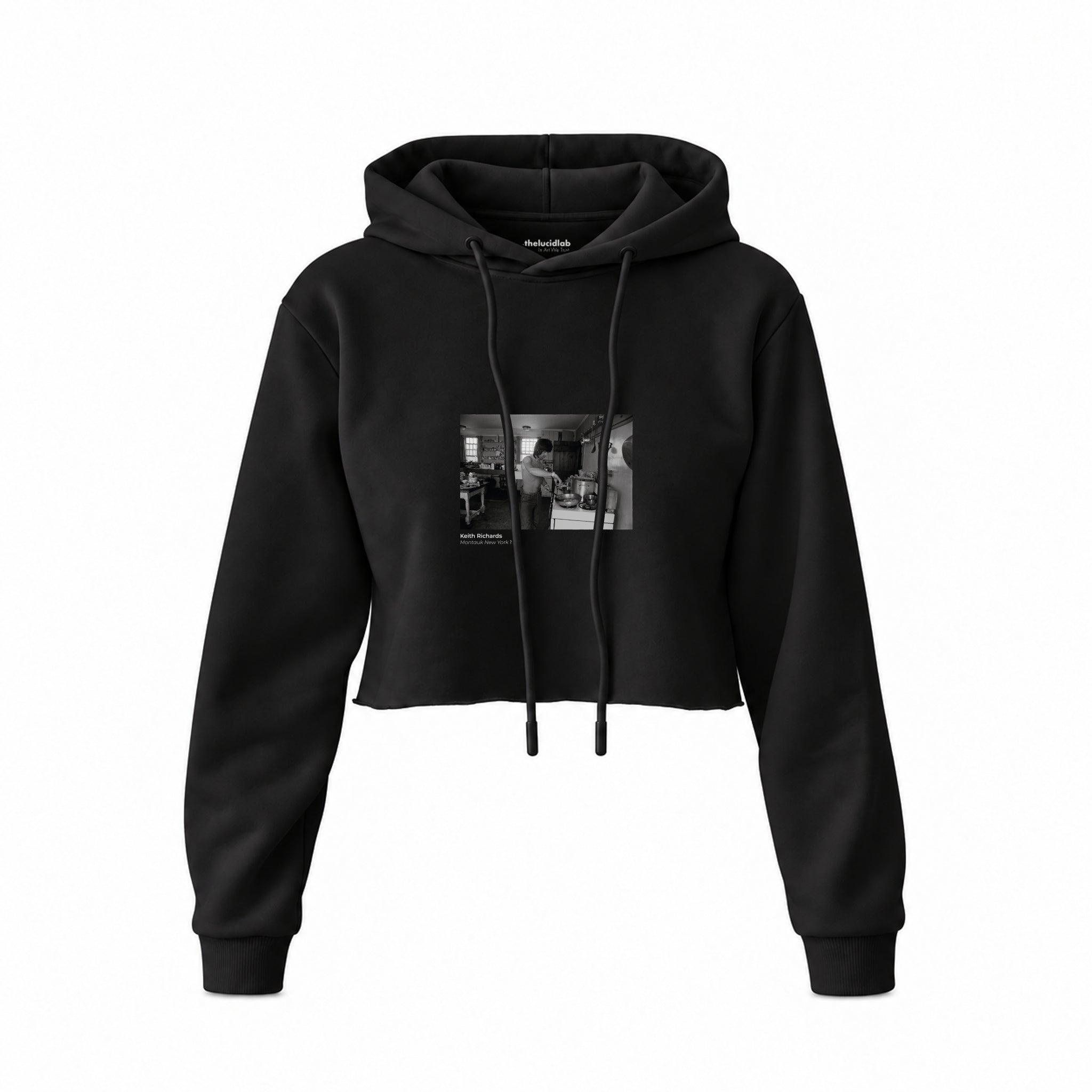 Keith Richards Montauk New York 1975 Crop Hoodie — Siyah — Ön baskı