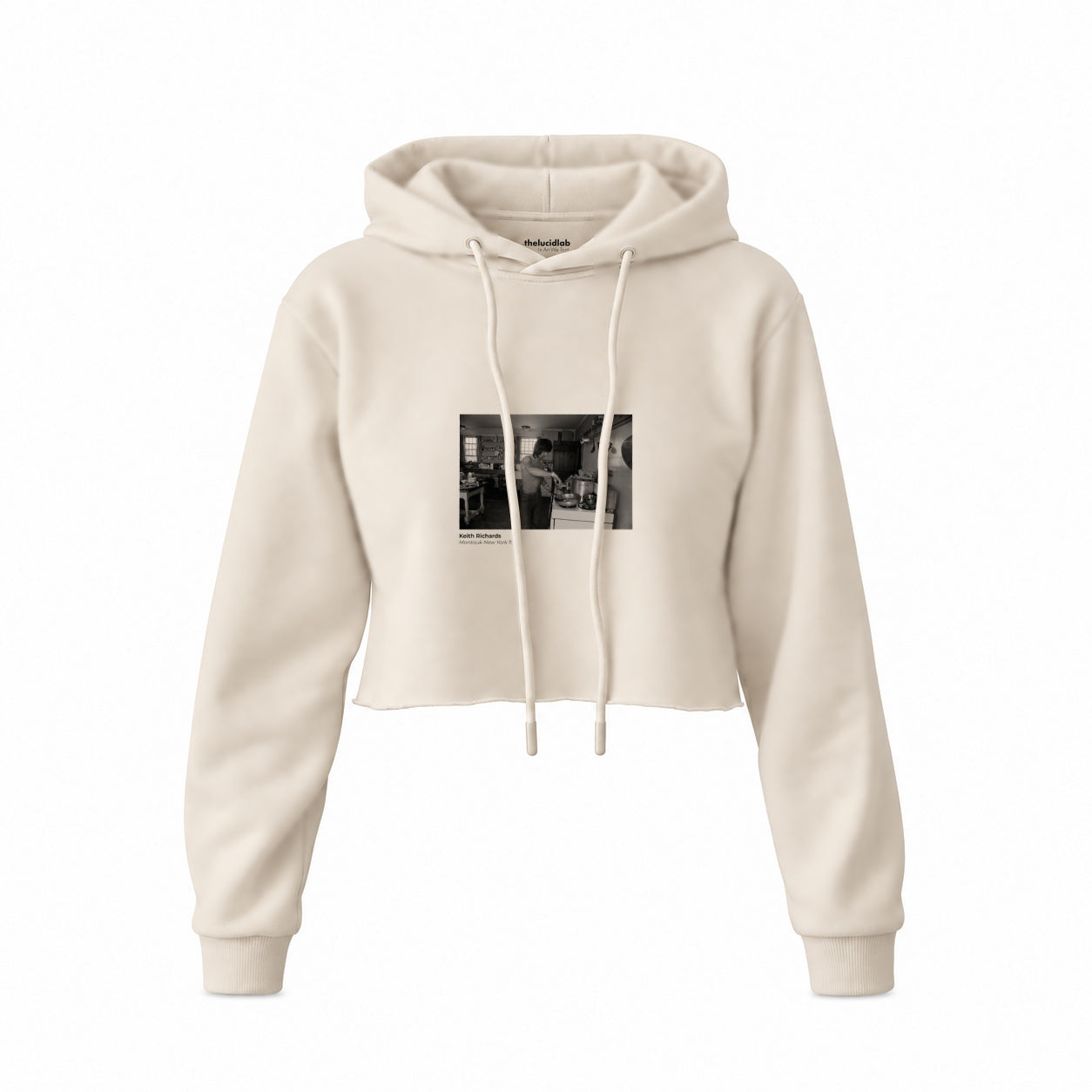 Keith Richards Montauk New York 1975 Crop Hoodie — Krem — Ön baskı