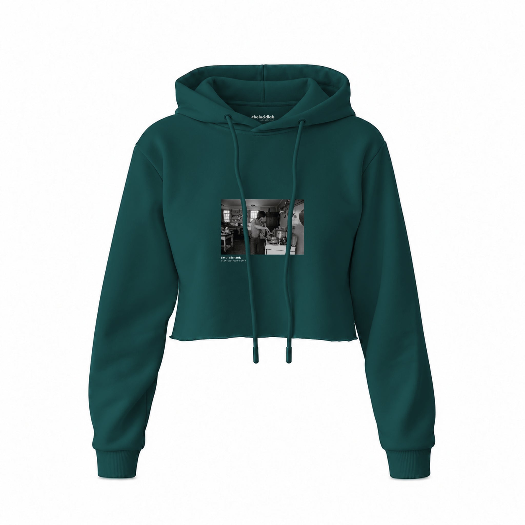 Keith Richards Montauk New York 1975 Crop Hoodie — Koyu Yeşil — Ön baskı