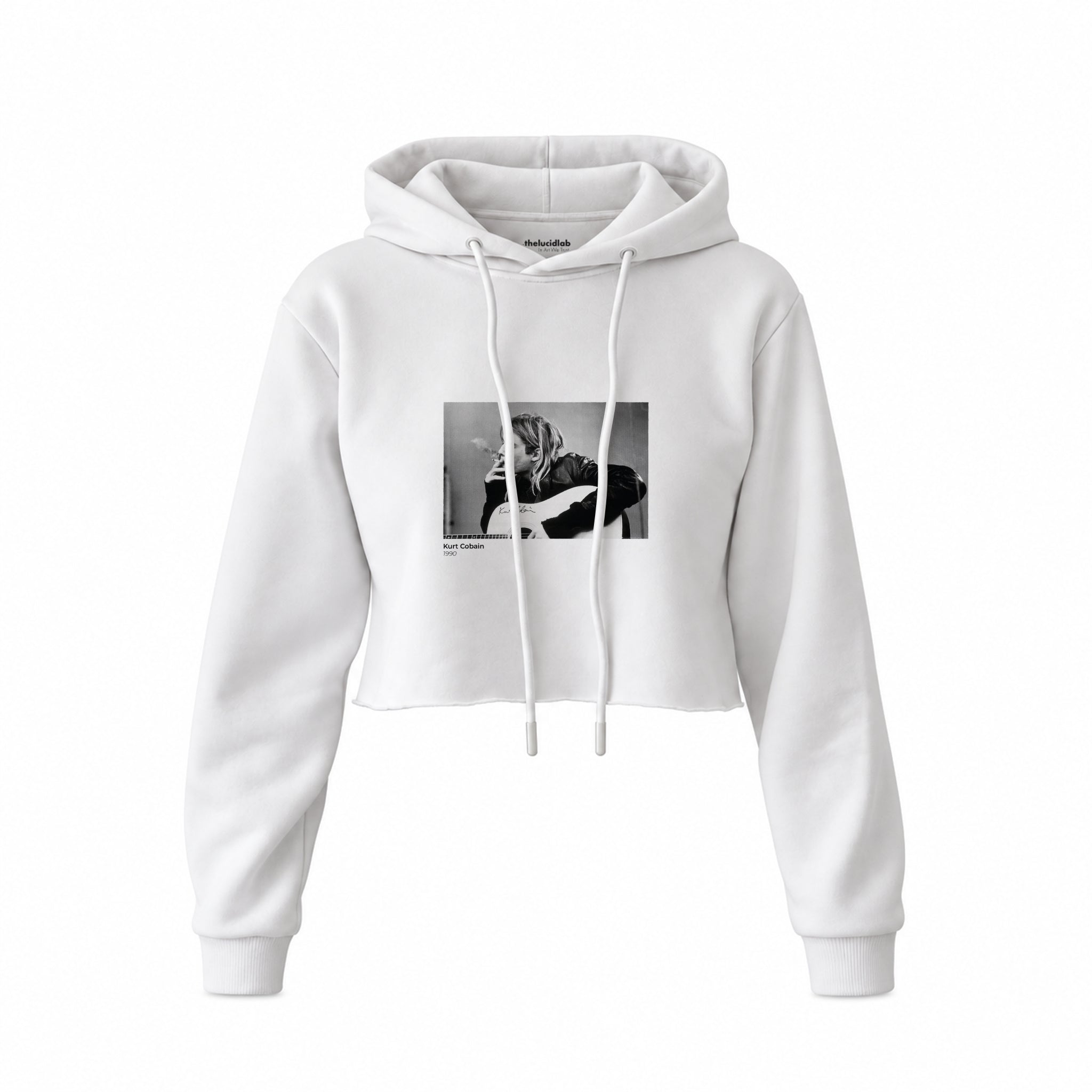 Kurt Cobain 1990 Crop Hoodie — Beyaz — Ön baskı
