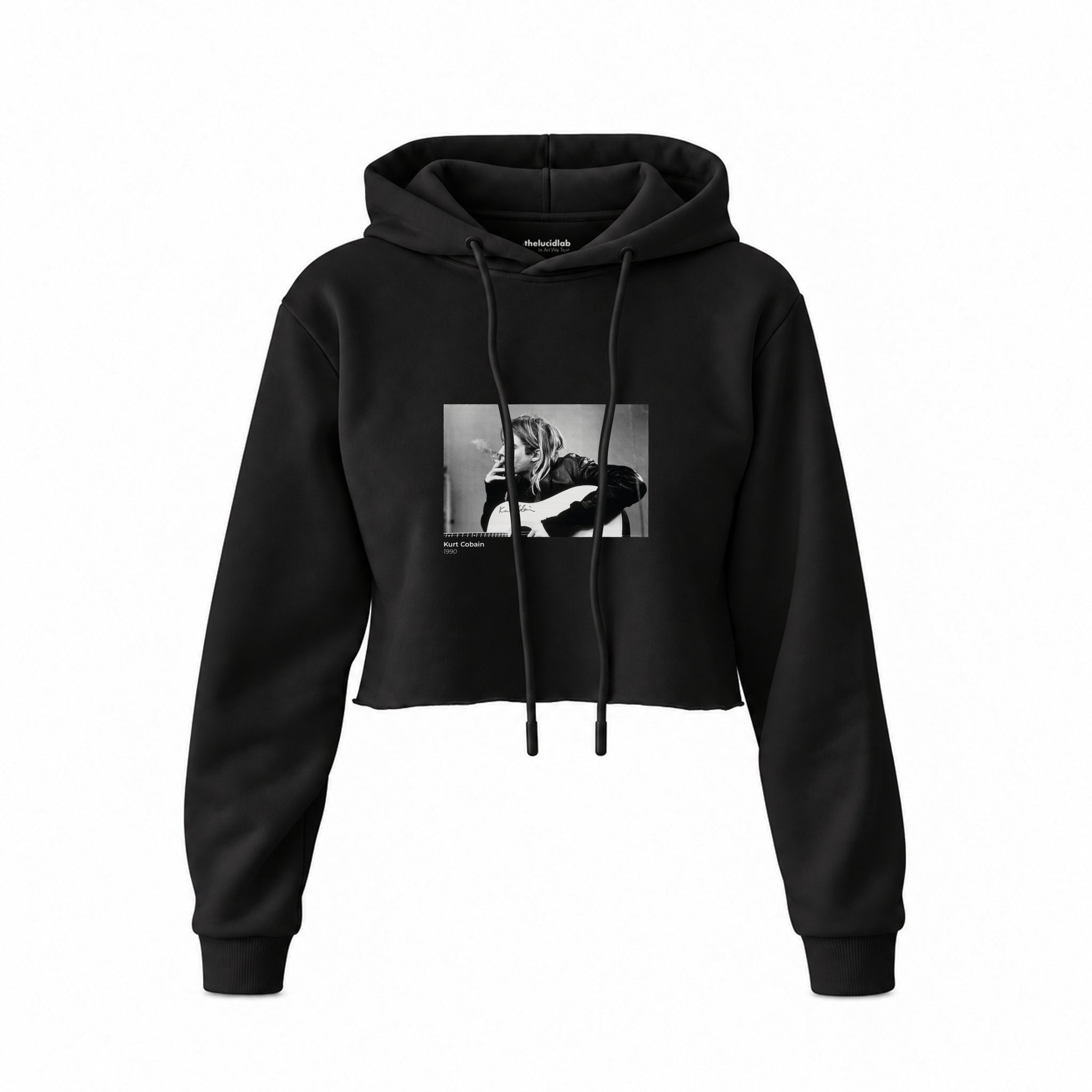 Kurt Cobain 1990 Crop Hoodie — Siyah — Ön baskı