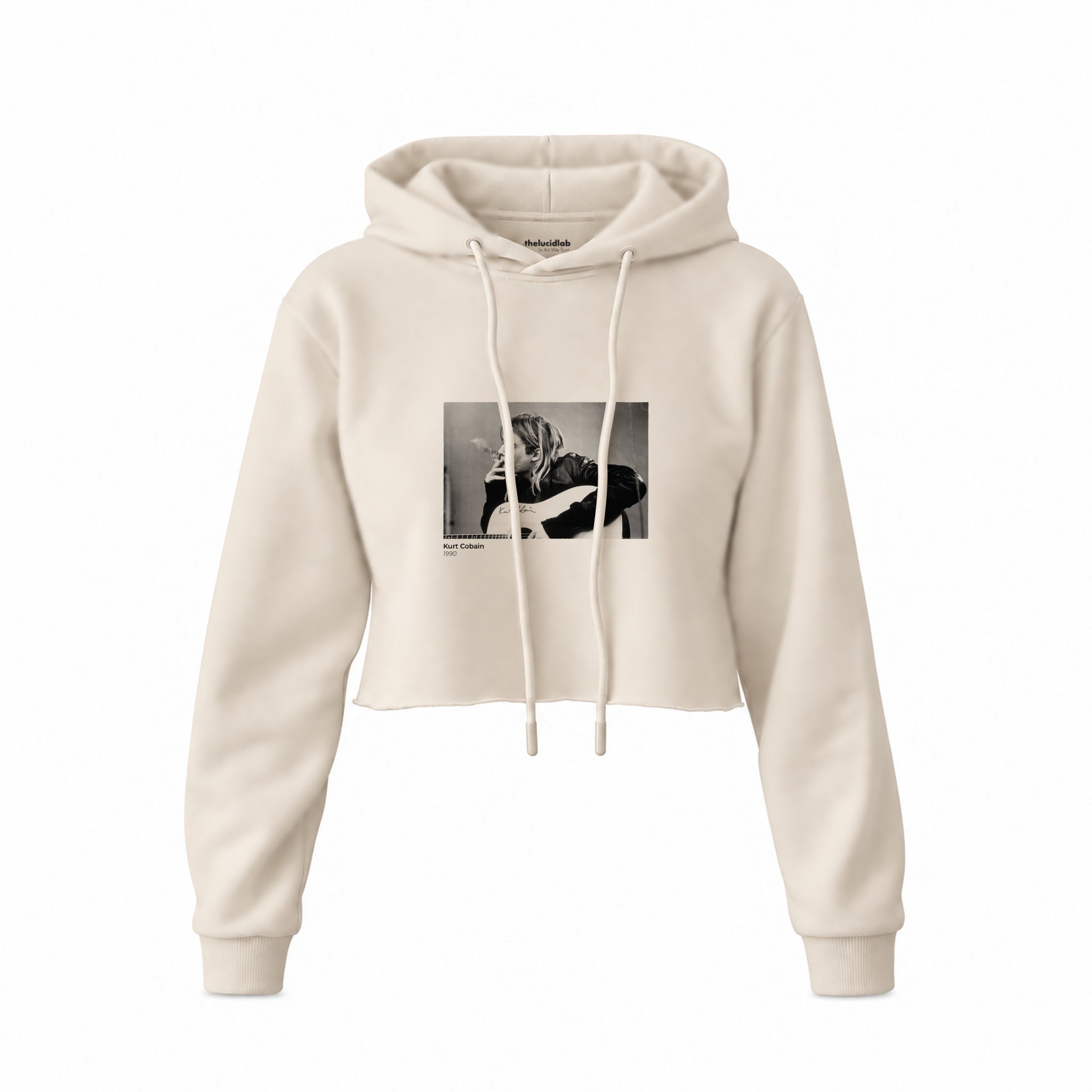 Kurt Cobain 1990 Crop Hoodie — Krem — Ön baskı