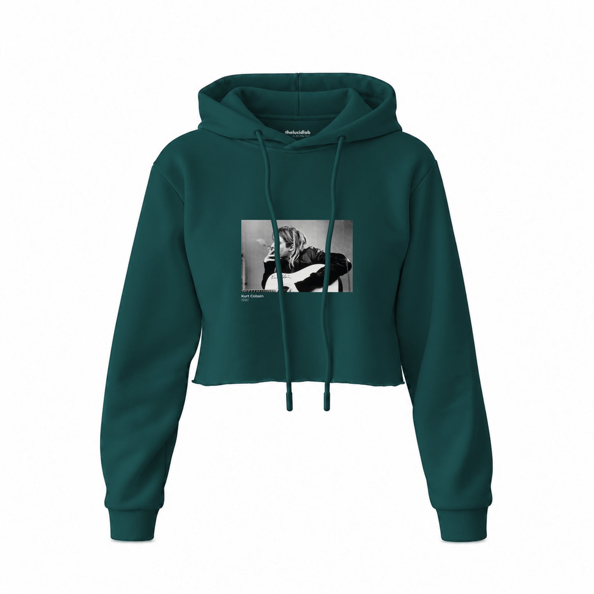 Kurt Cobain 1990 Crop Hoodie — Koyu Yeşil — Ön baskı