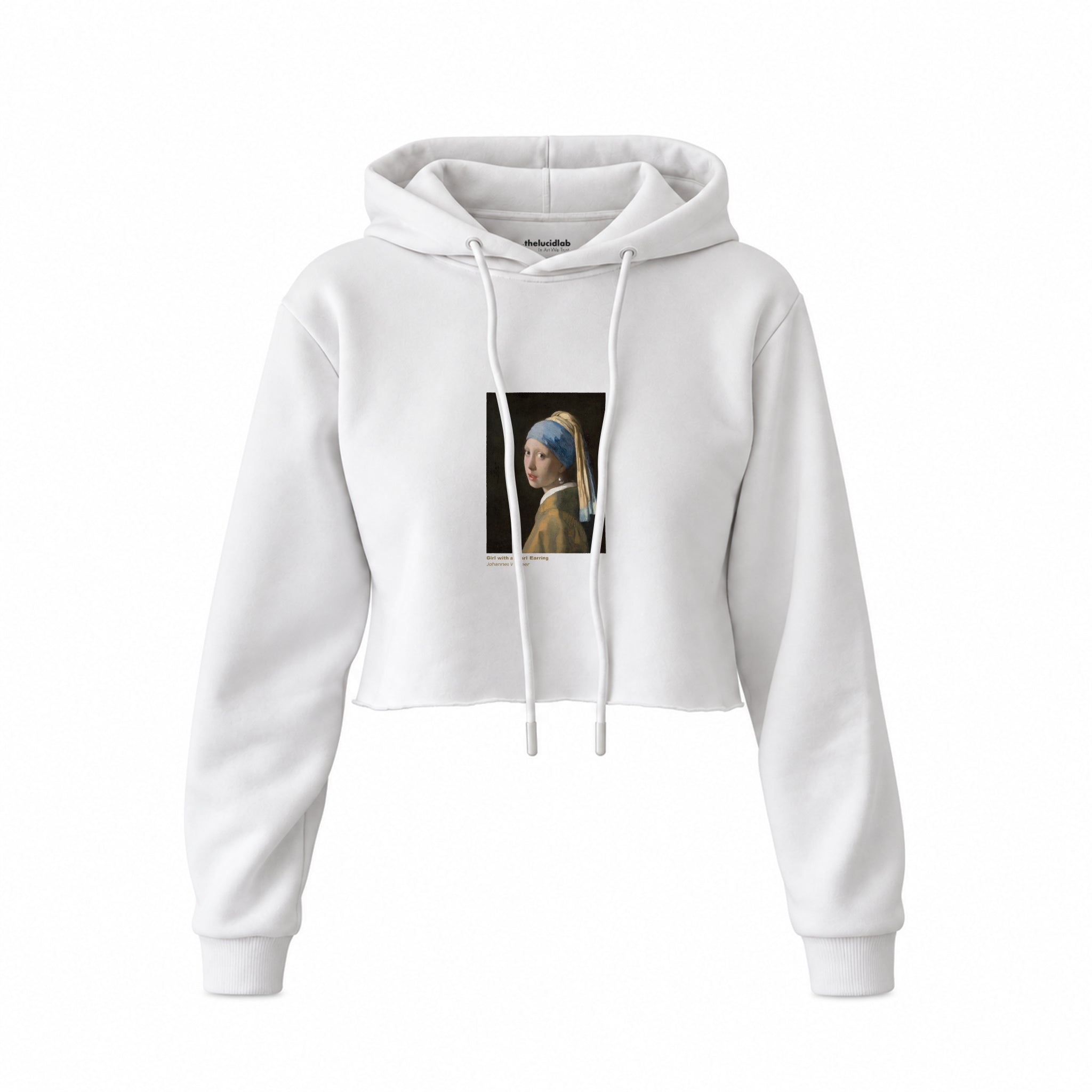 İnci Küpeli Kız Crop Hoodie — Beyaz — Ön baskı