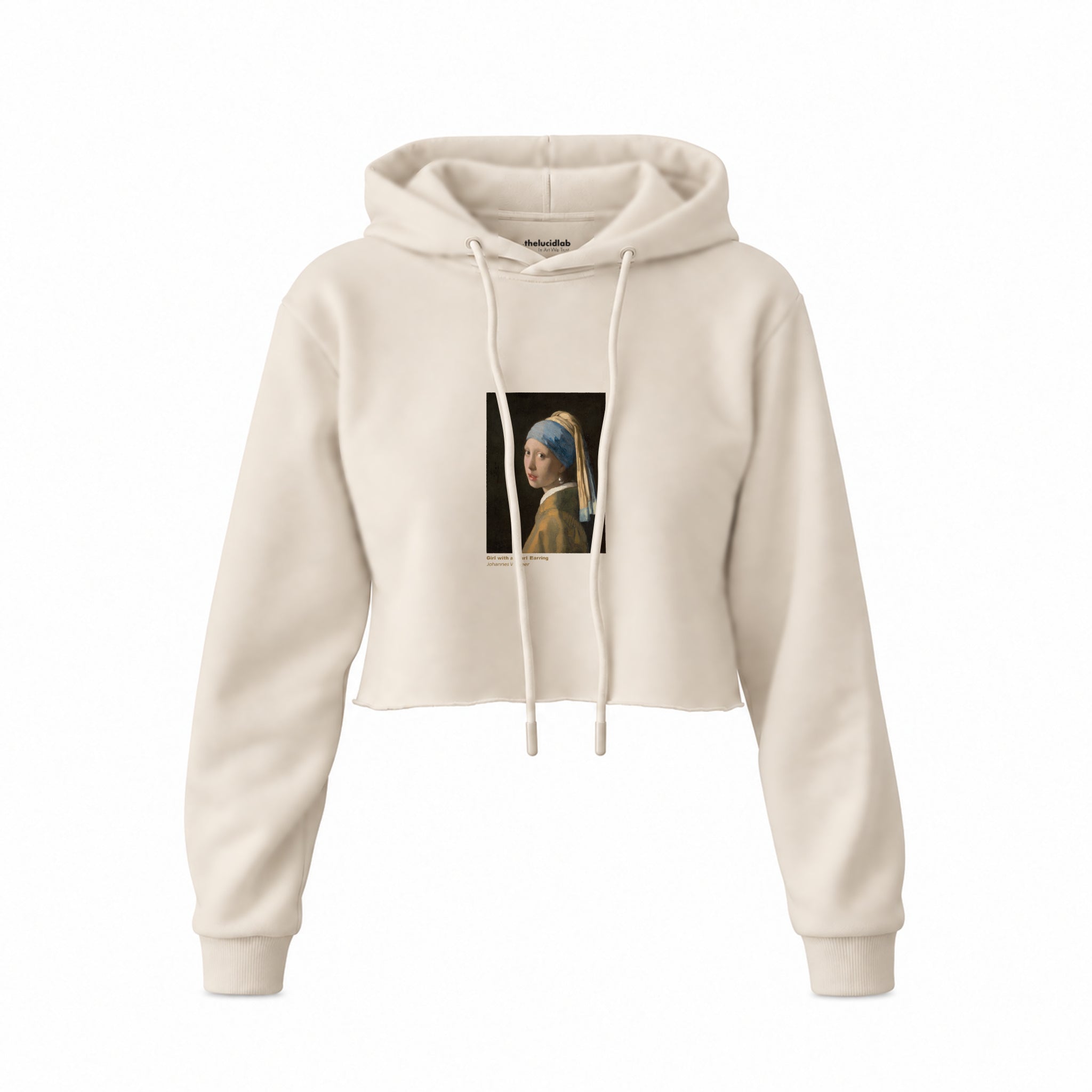 İnci Küpeli Kız Crop Hoodie — Krem — Ön baskı