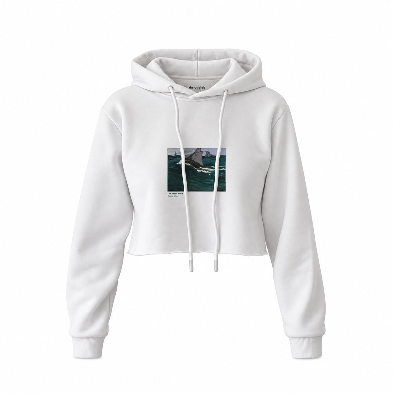 The Green Wave Crop Hoodie — Beyaz — Ön baskı
