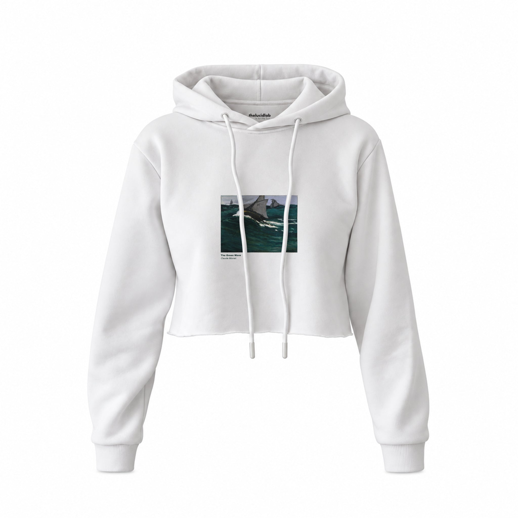 The Green Wave Crop Hoodie — Beyaz — Ön baskı