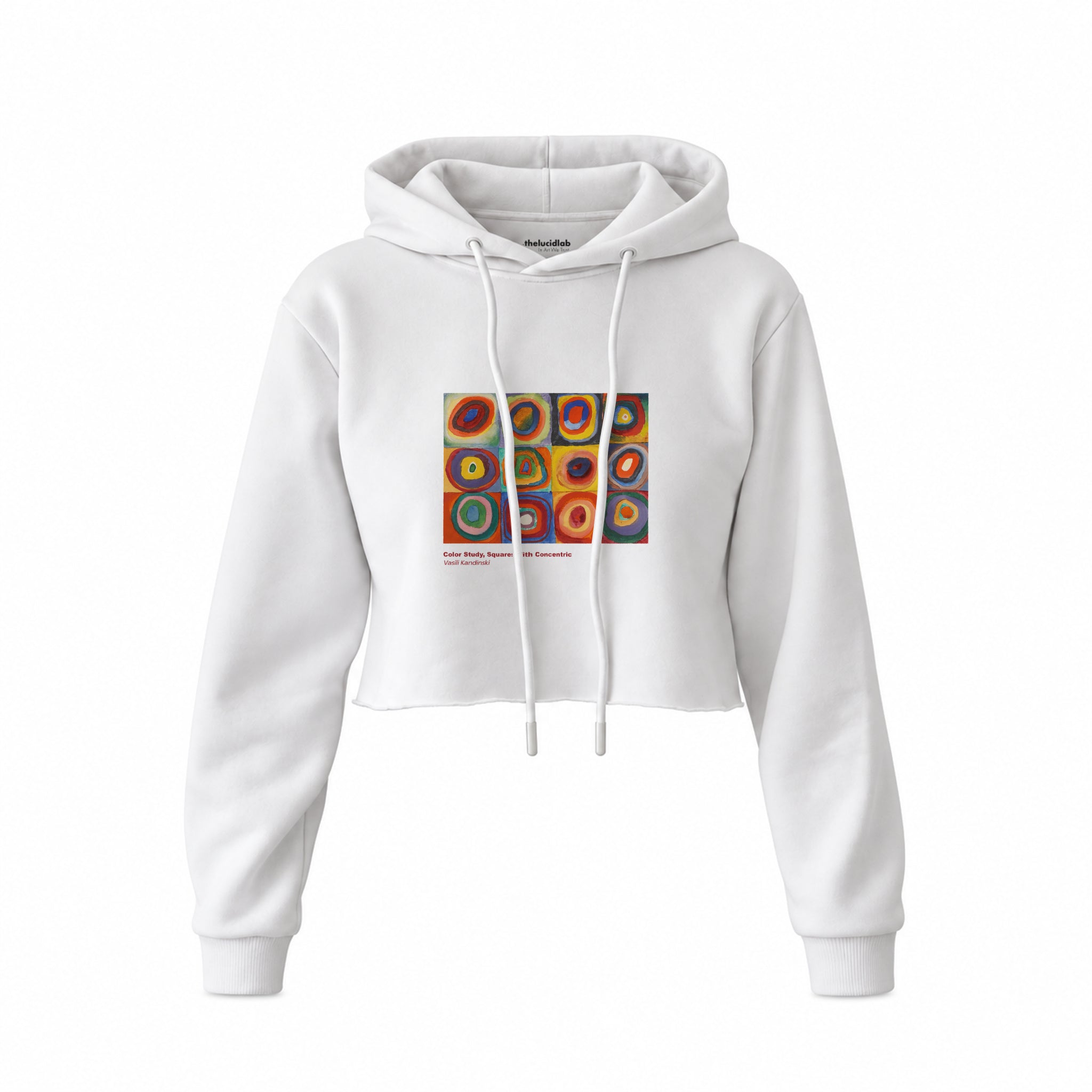 Color Study, Squares With Concentric Circles Crop Hoodie — Beyaz — Ön baskı