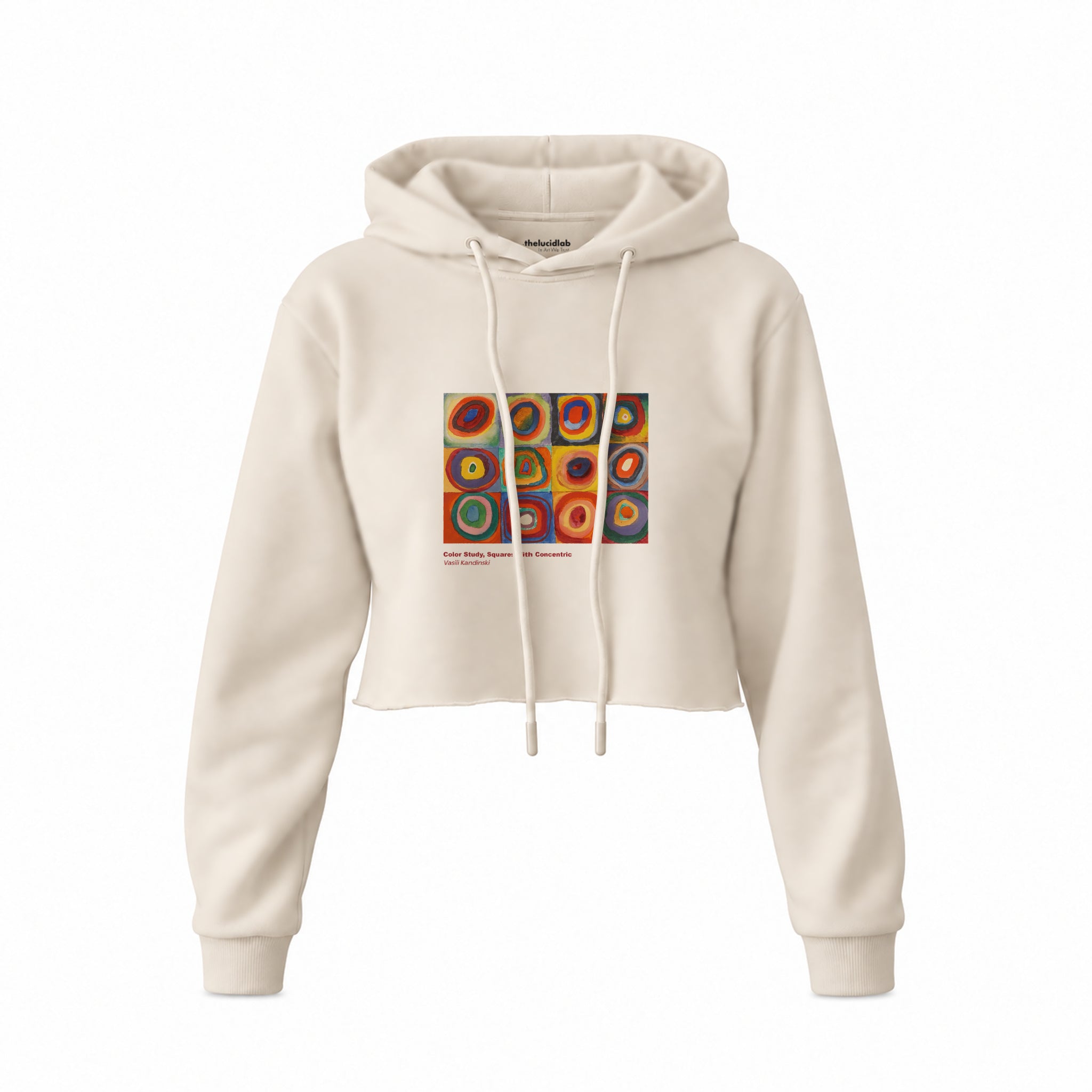 Color Study, Squares With Concentric Circles Crop Hoodie — Krem — Ön baskı