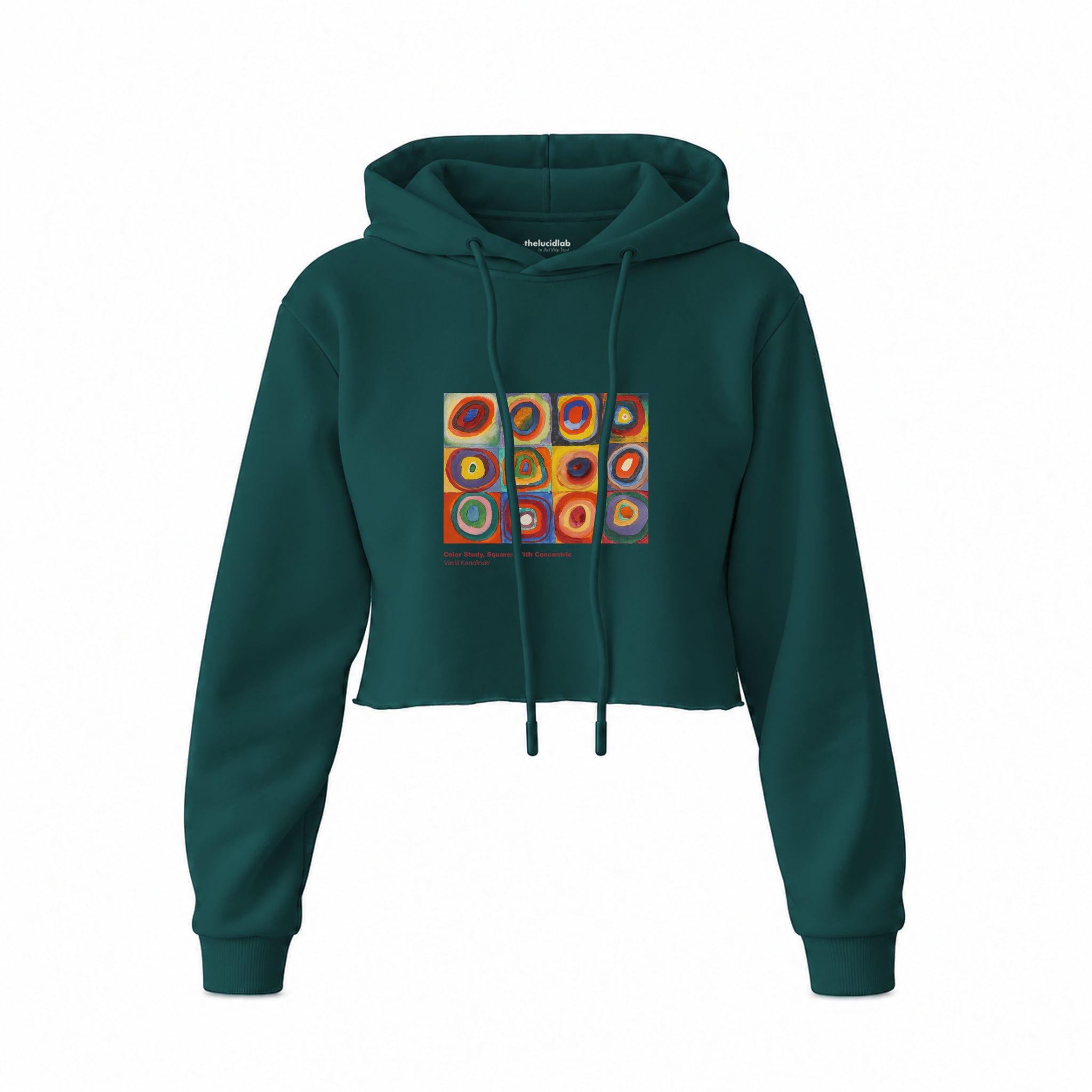 Color Study, Squares With Concentric Circles Crop Hoodie — Koyu Yeşil — Ön baskı