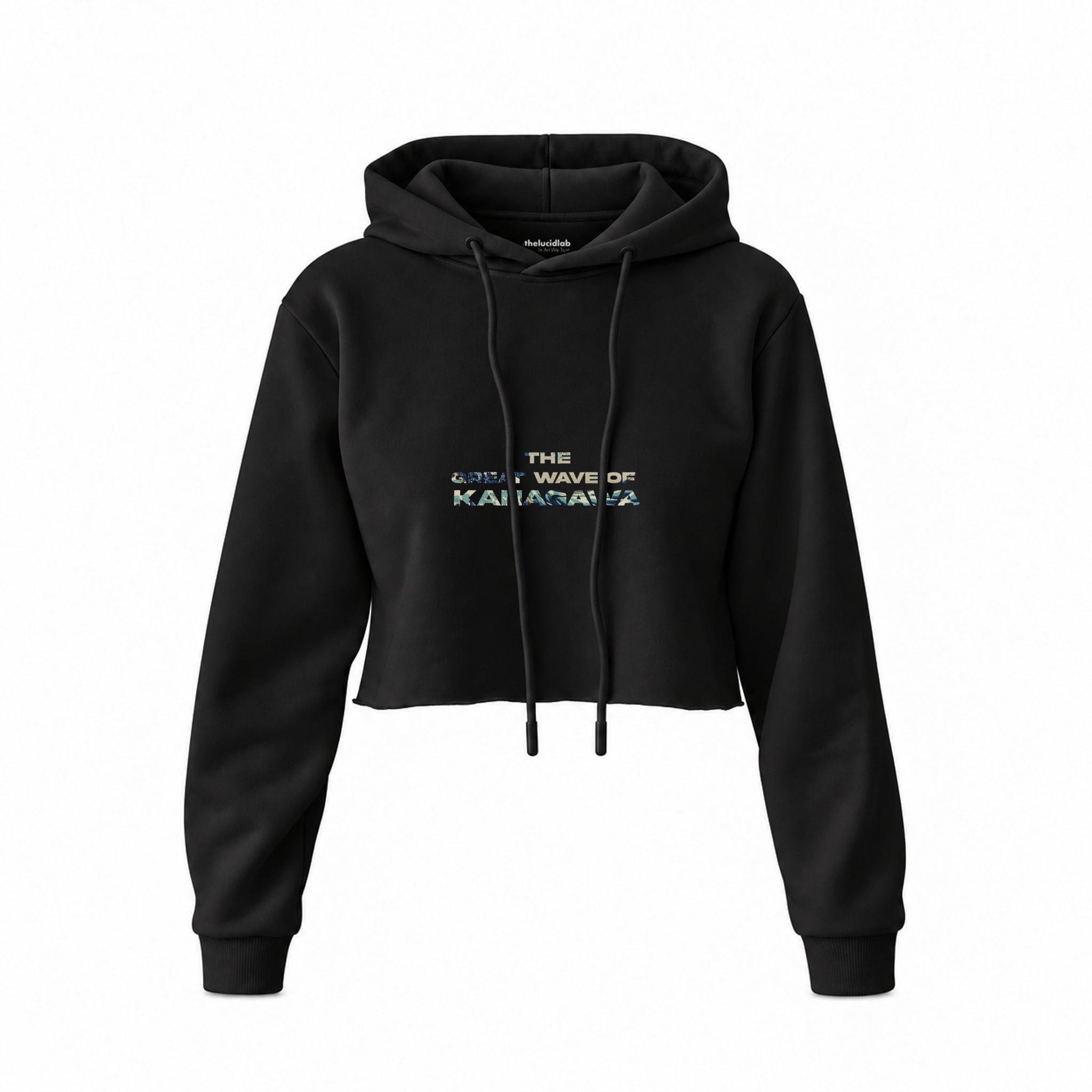 The Great Wave of Kanagawa Crop Hoodie — Siyah — Ön baskı
