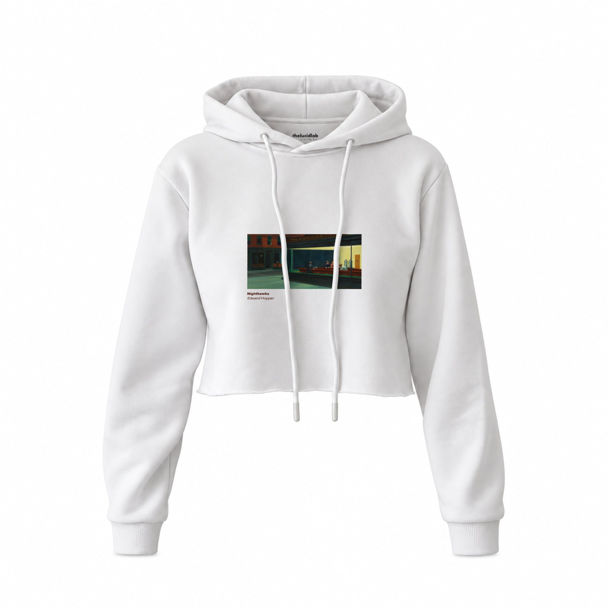 Nighthawks Crop Hoodie — Beyaz — Ön baskı