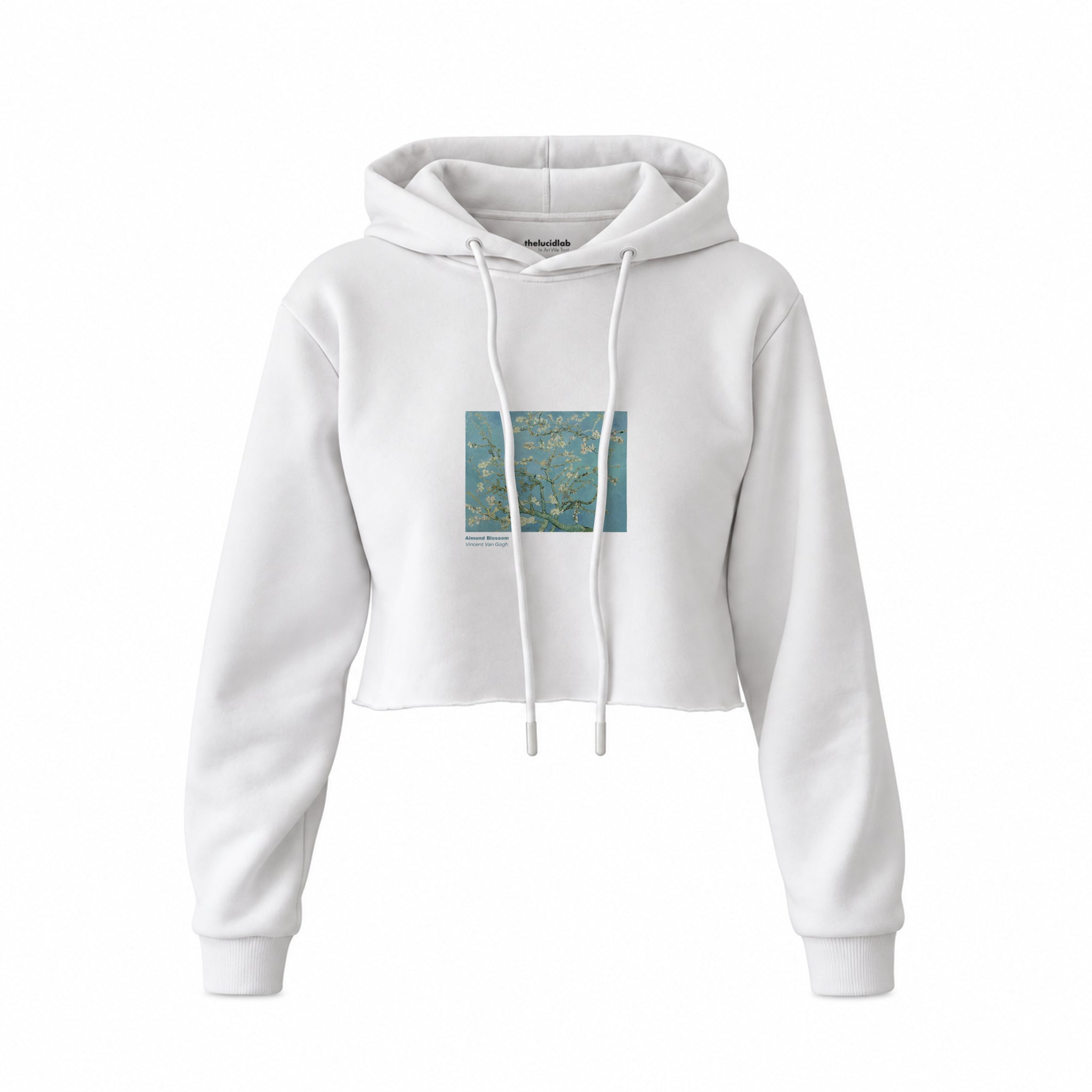 Almond Blossoms Crop Hoodie — Beyaz — Ön baskı