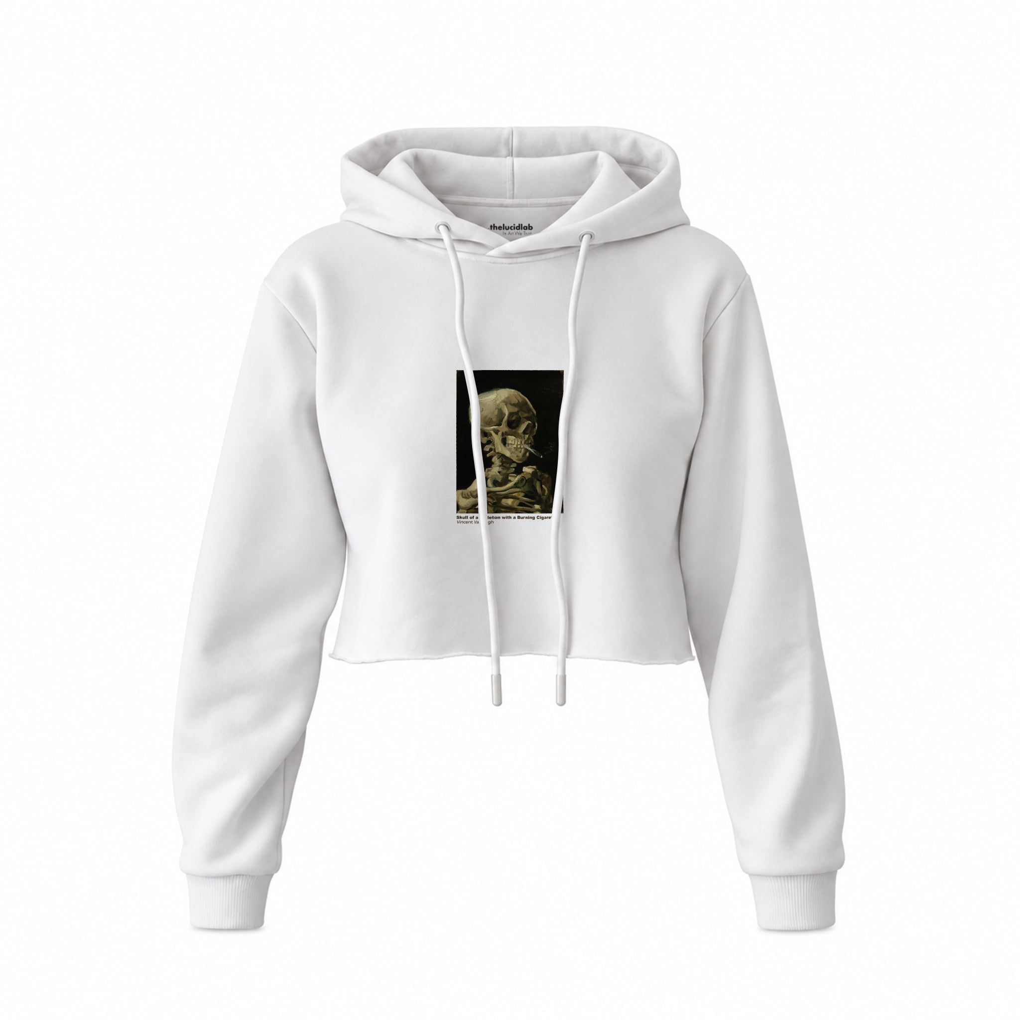 Skull of a Skeleton with Burning Cigarette Crop Hoodie — Beyaz — Ön baskı