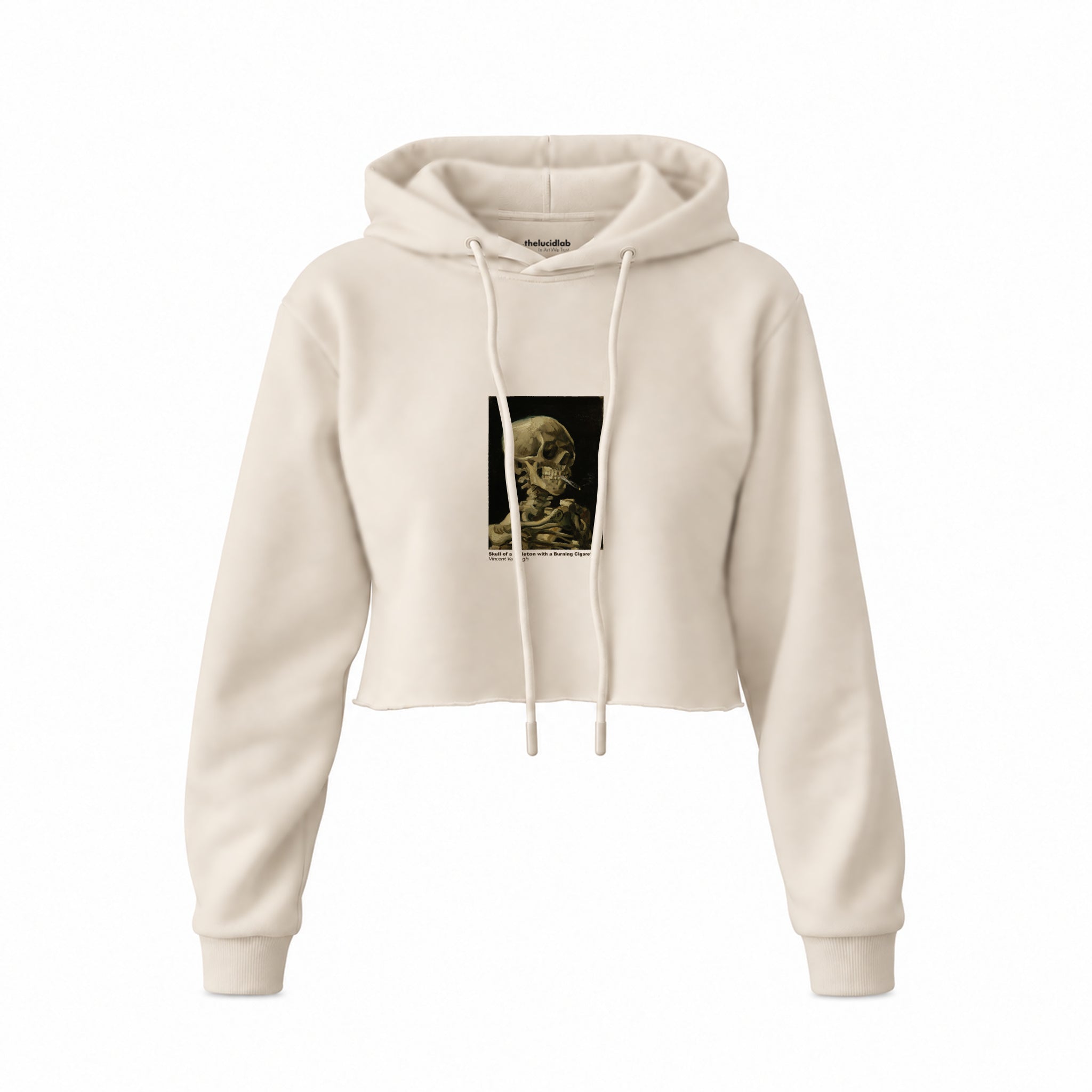 Skull of a Skeleton with Burning Cigarette Crop Hoodie — Krem — Ön baskı