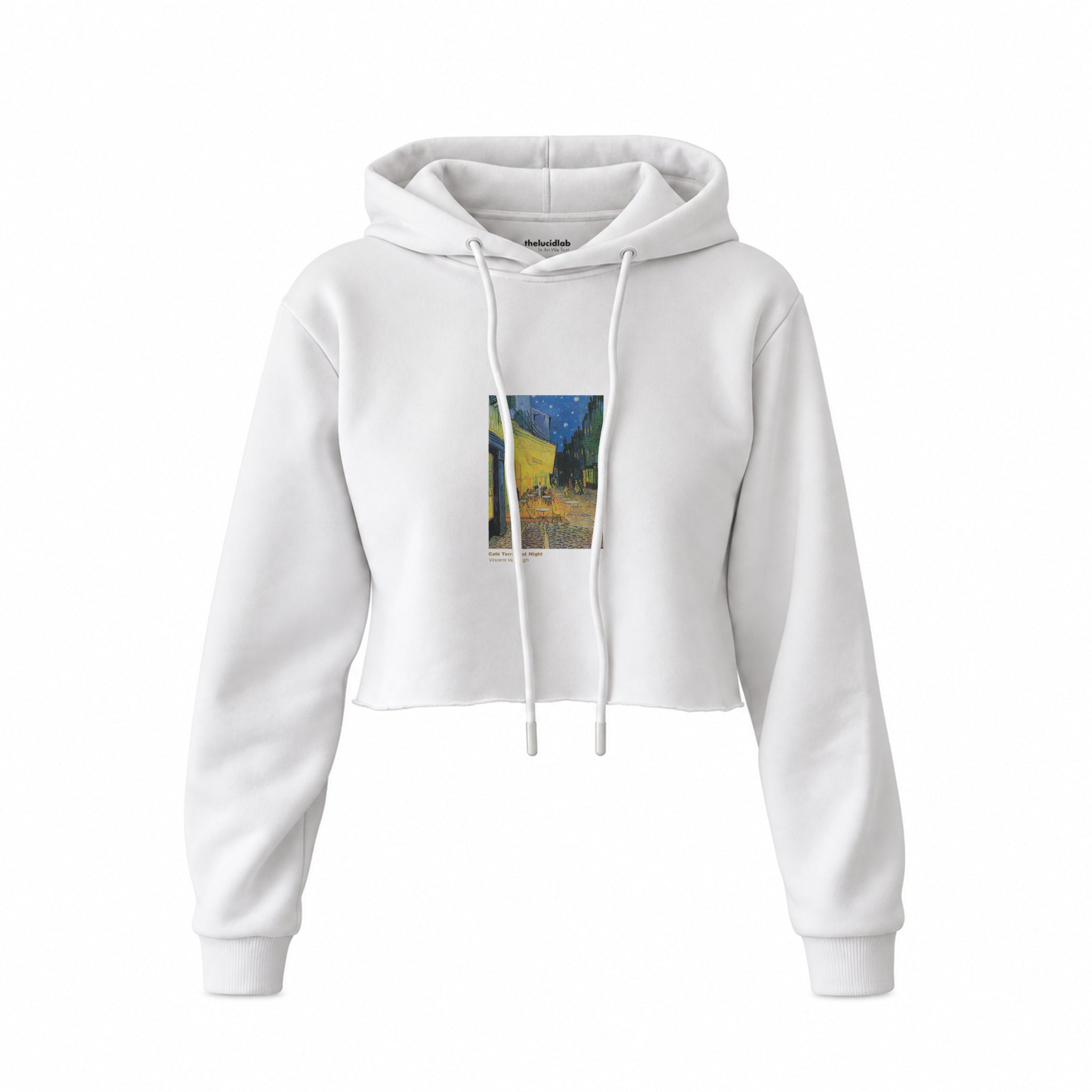 Café Terrace at Night Crop Hoodie — Beyaz — Ön baskı