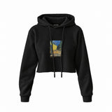 Café Terrace at Night Crop Hoodie — Siyah — Ön baskı