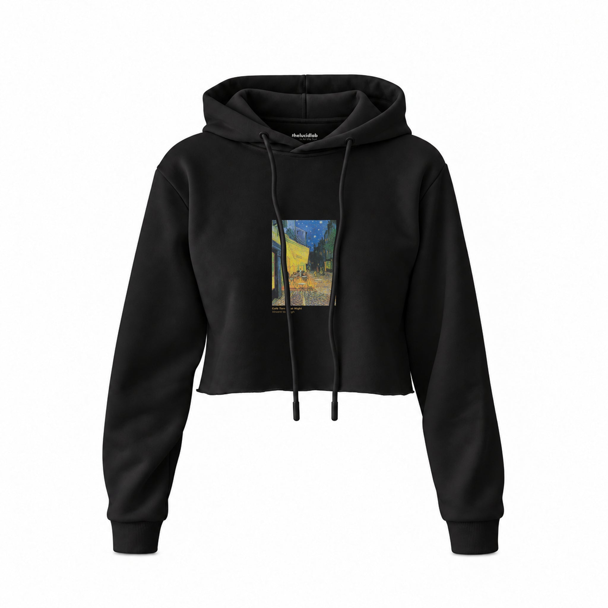 Café Terrace at Night Crop Hoodie — Siyah — Ön baskı