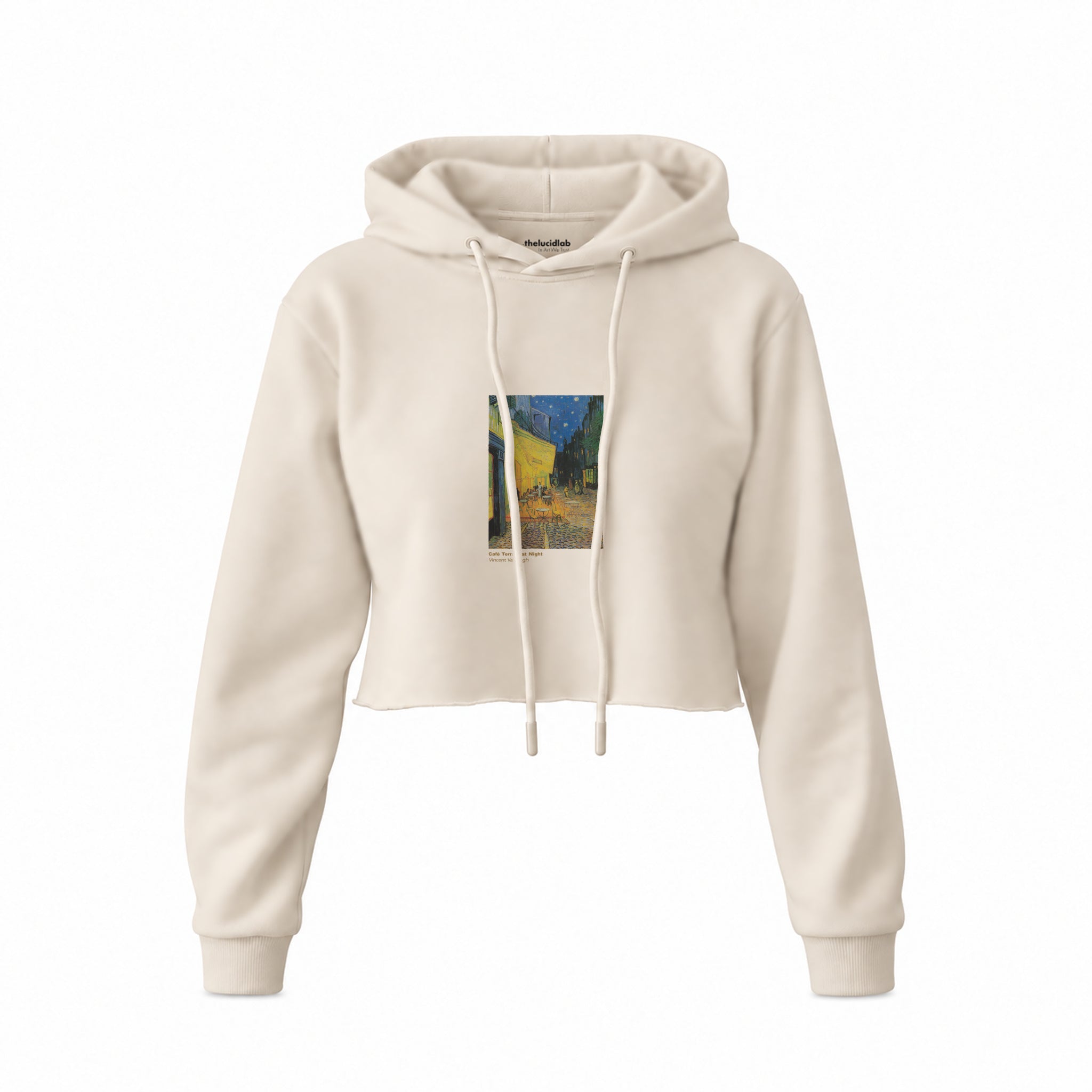 Café Terrace at Night Crop Hoodie — Krem — Ön baskı