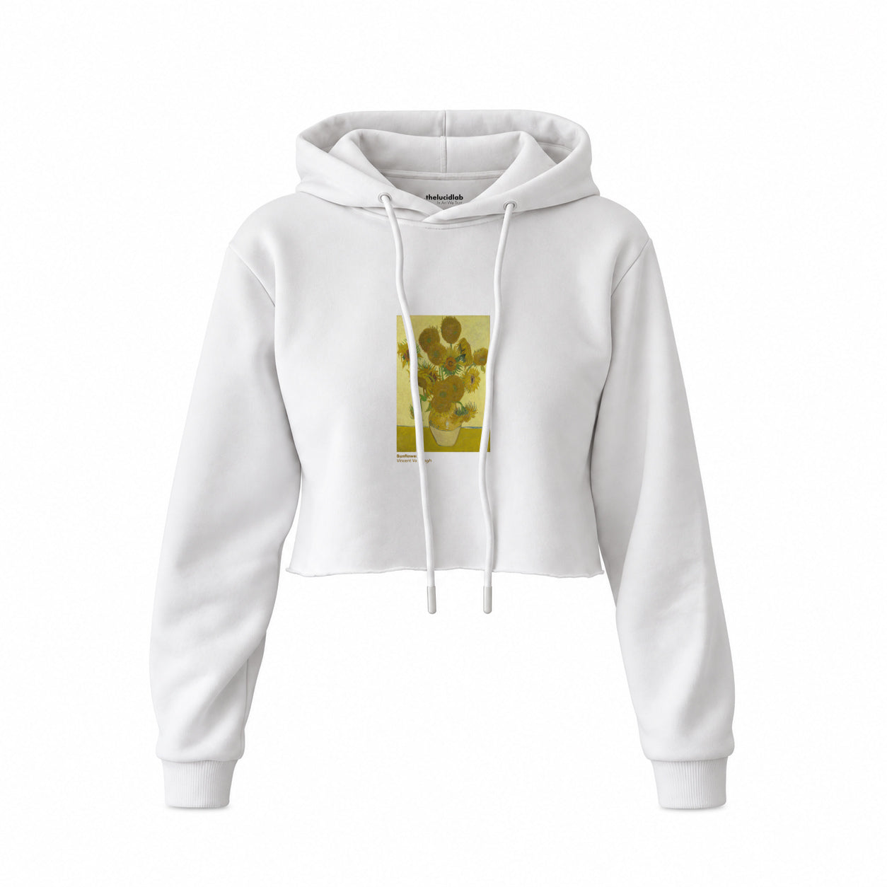 Sunflowers Crop Hoodie — Beyaz — Ön baskı