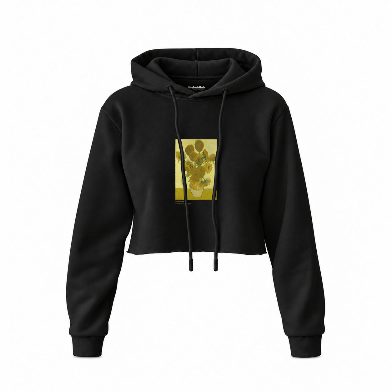 Sunflowers Crop Hoodie — Siyah — Ön baskı